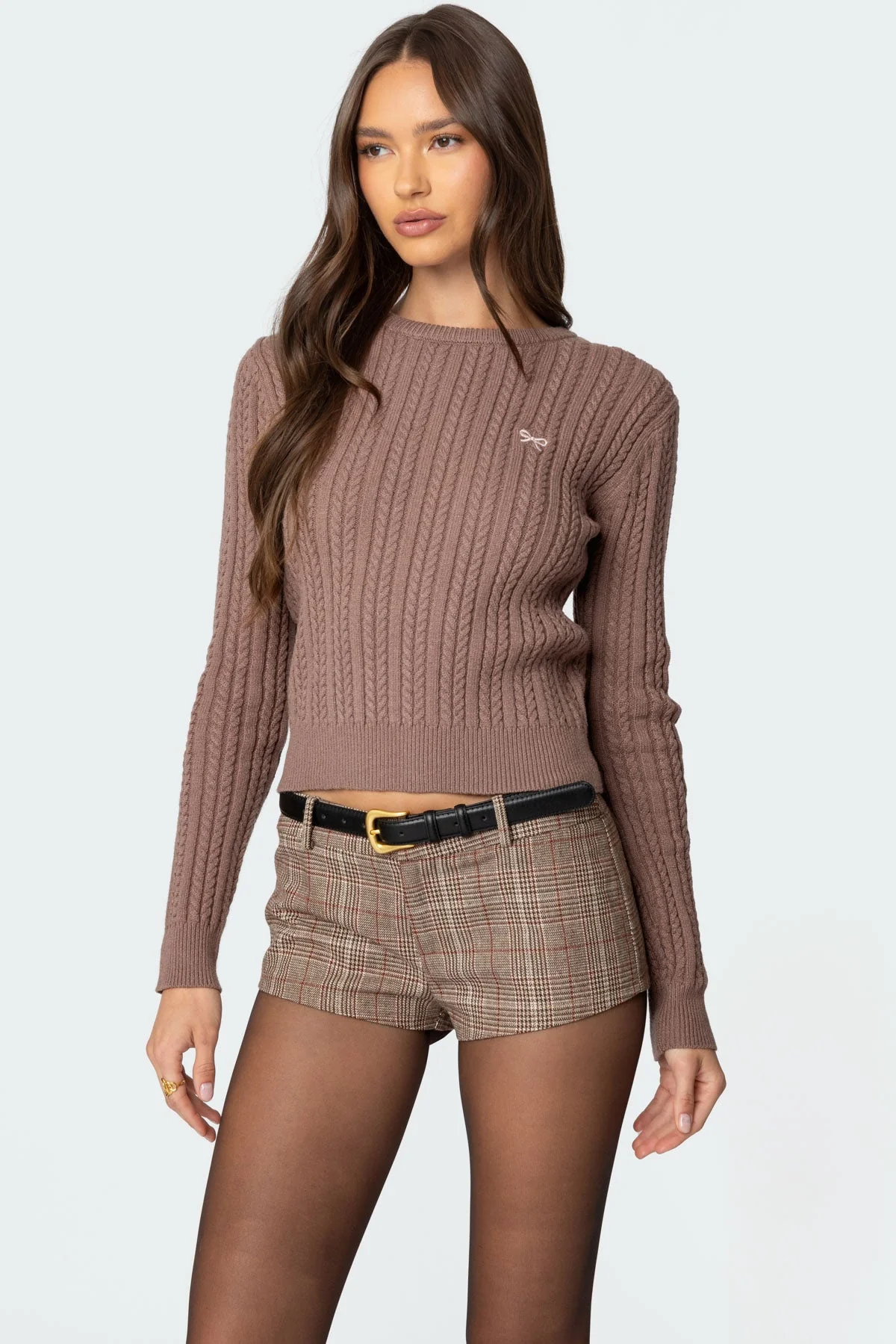 Brown Cable Knit Sweater with Embroidered Bow Detail