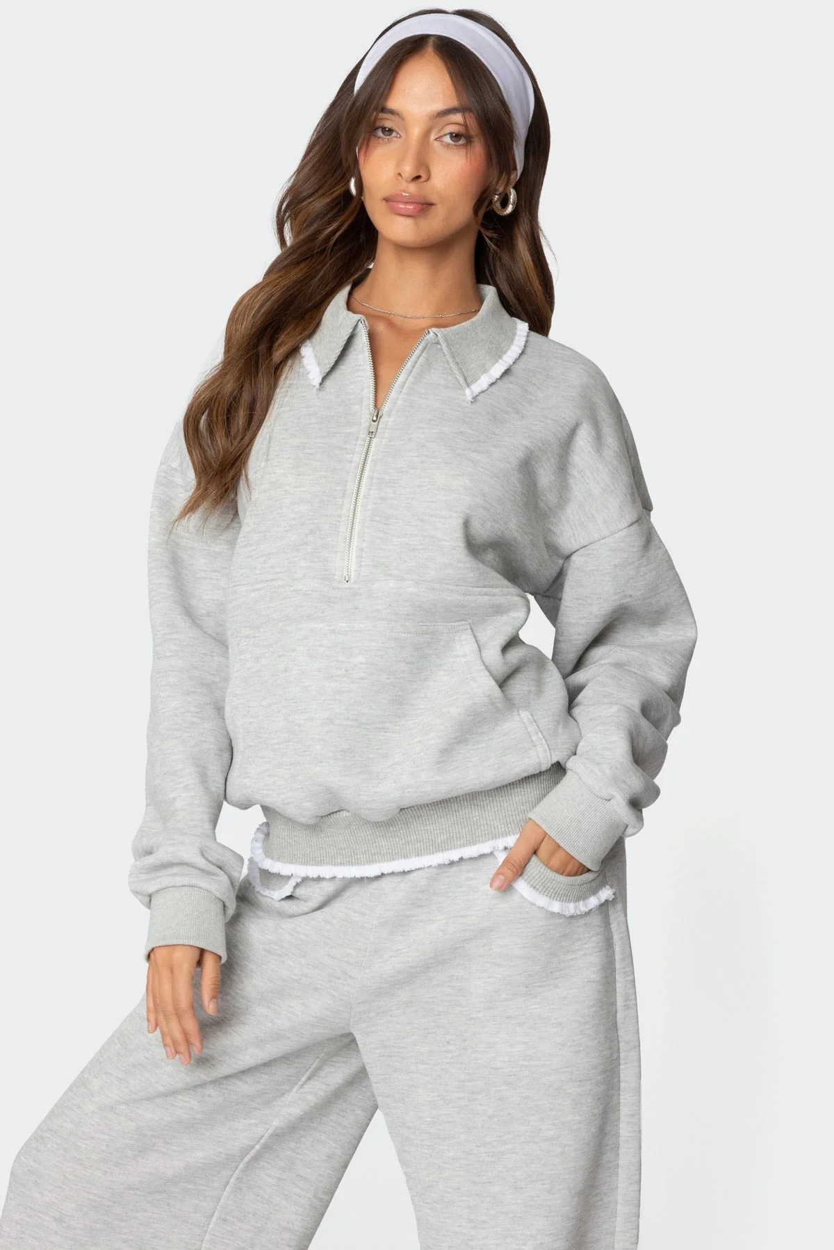 Gray Ruffle Trim Sweatshirt Zip-Up Collar Style
