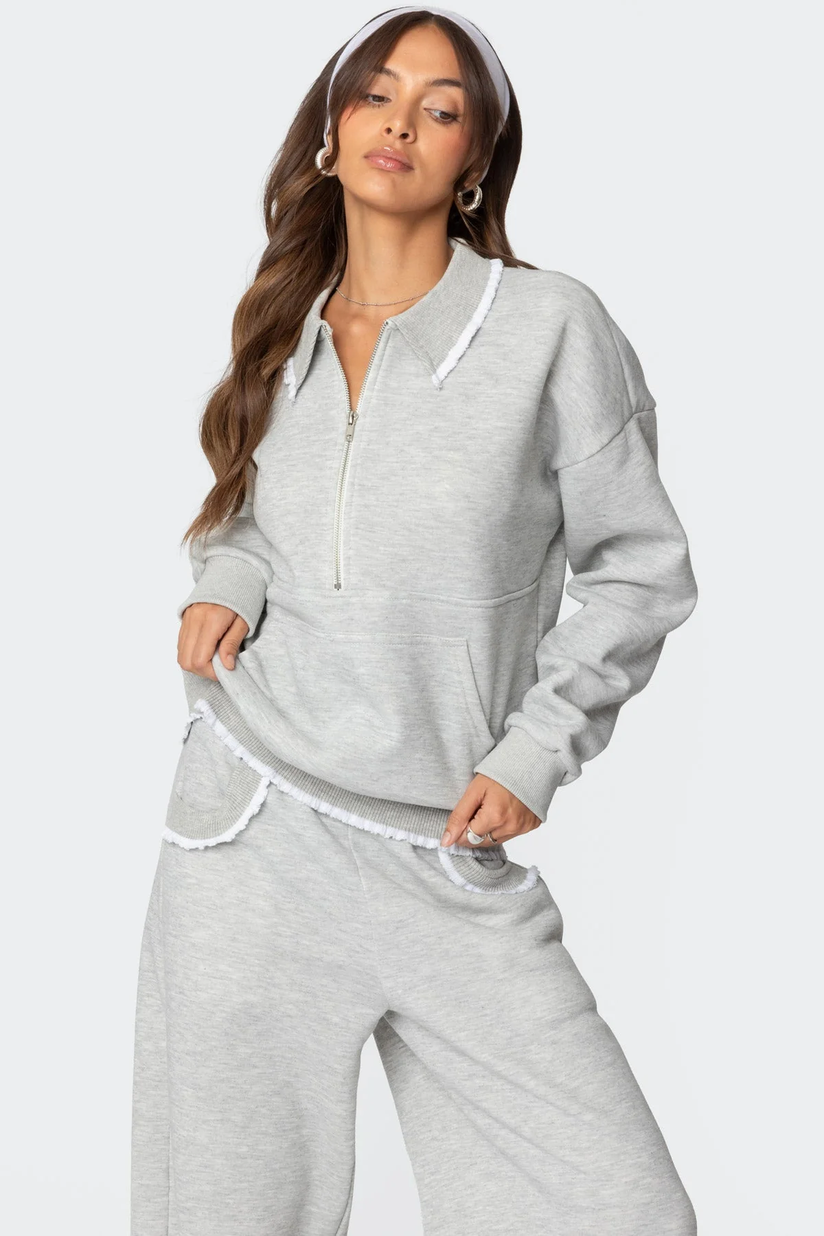 Gray Ruffle Trim Sweatshirt Zip-Up Collar Style
