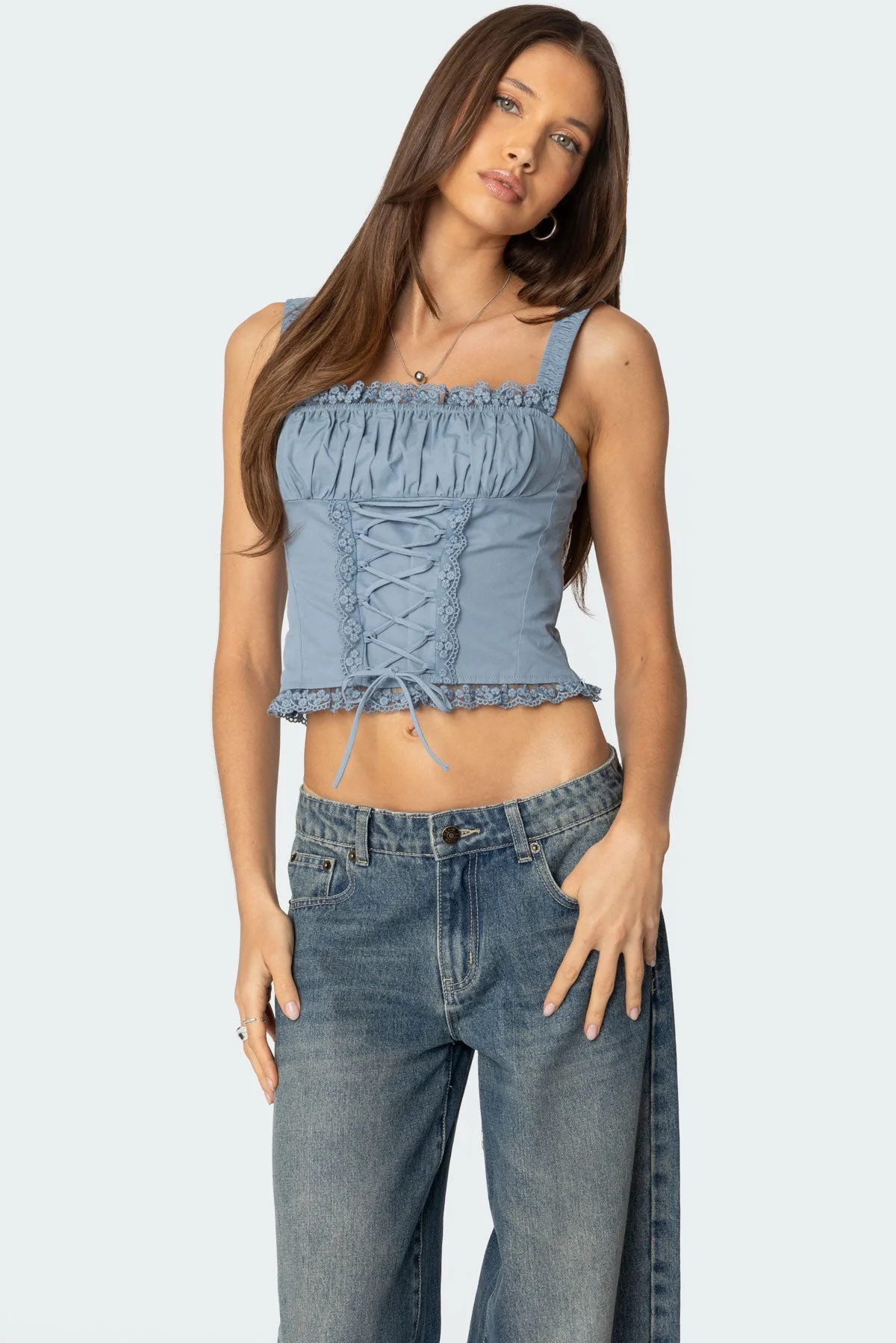 Light Blue Ruched Lace-Up Corset - Feminine Aesthetic