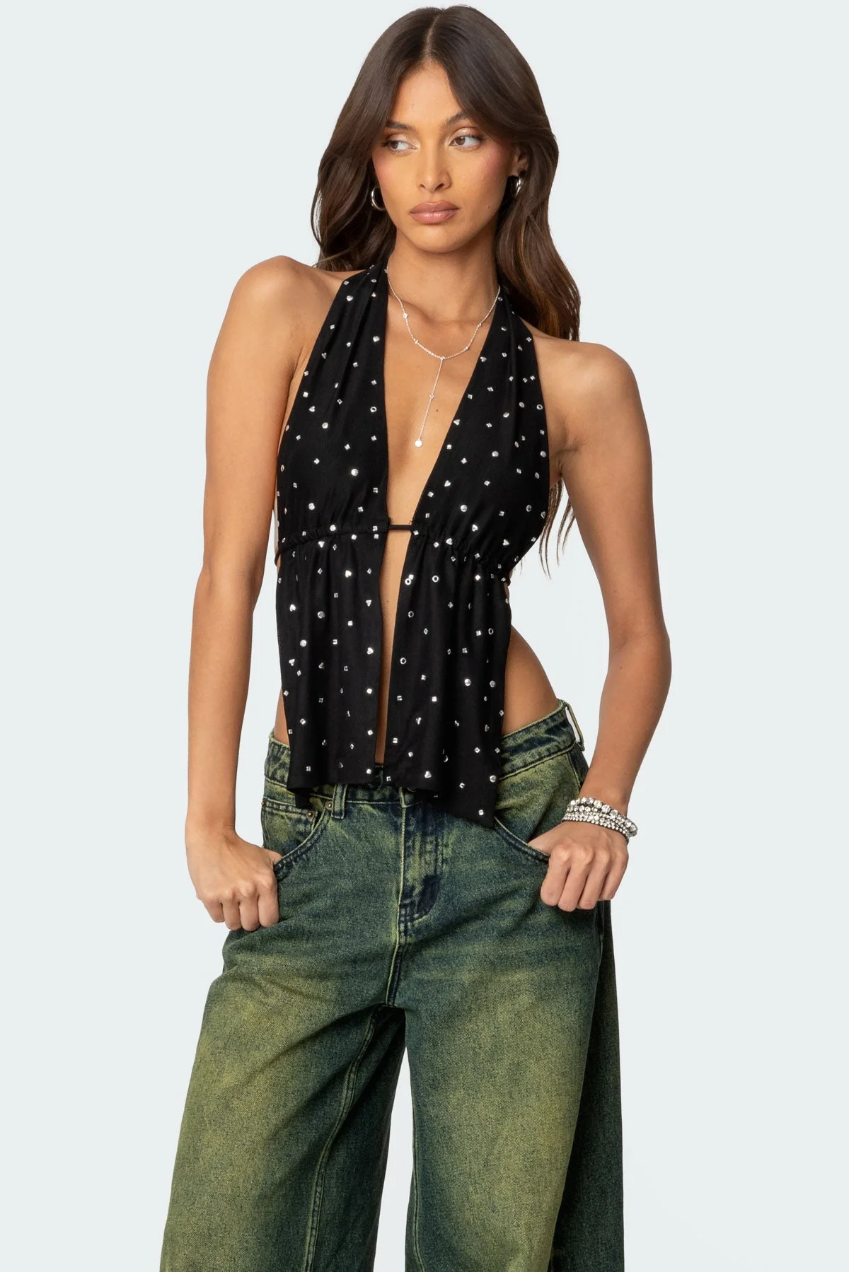 Black Studded Halter Top with Open Back