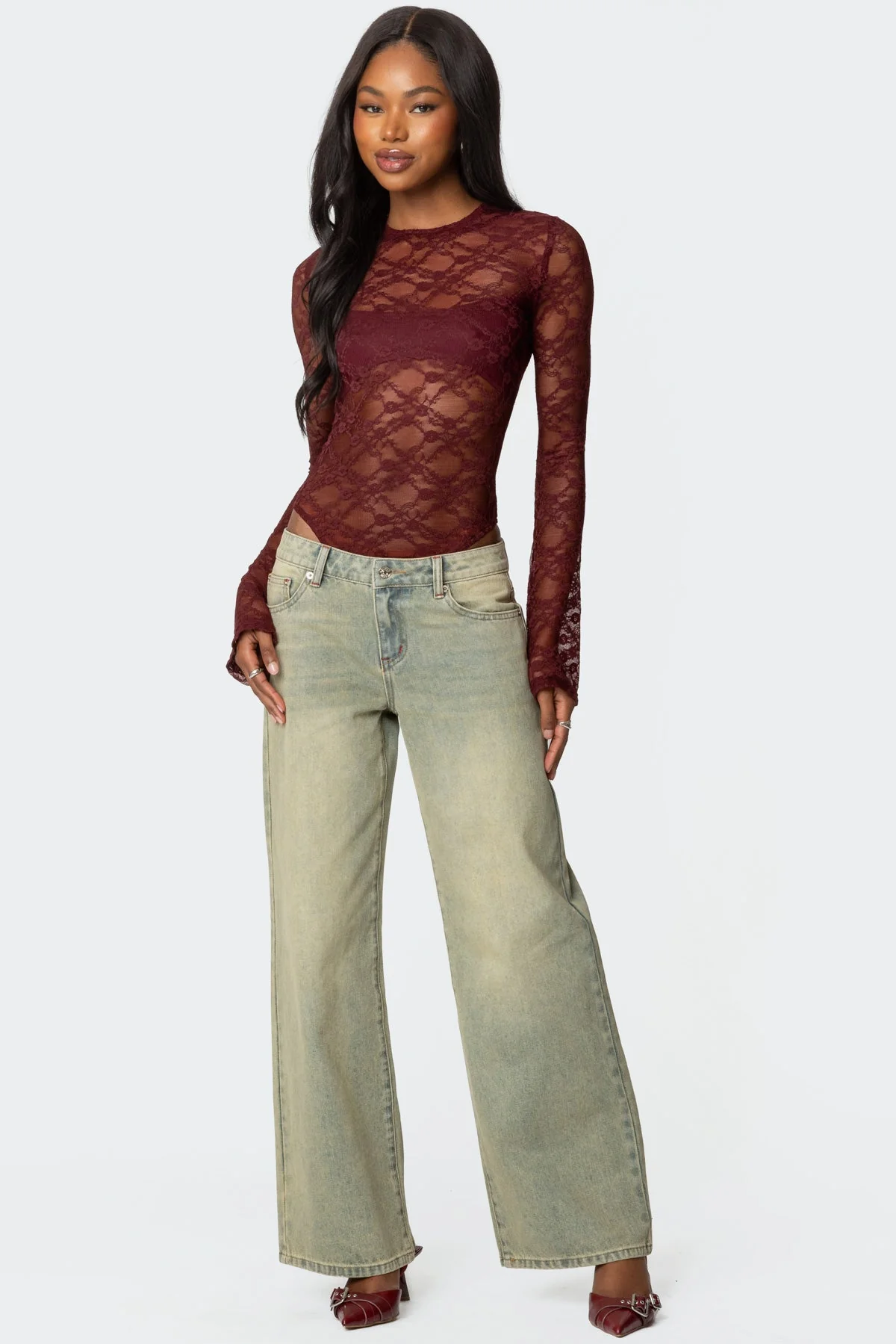 Burgundy Sheer Lace Bodysuit for Evening Wear