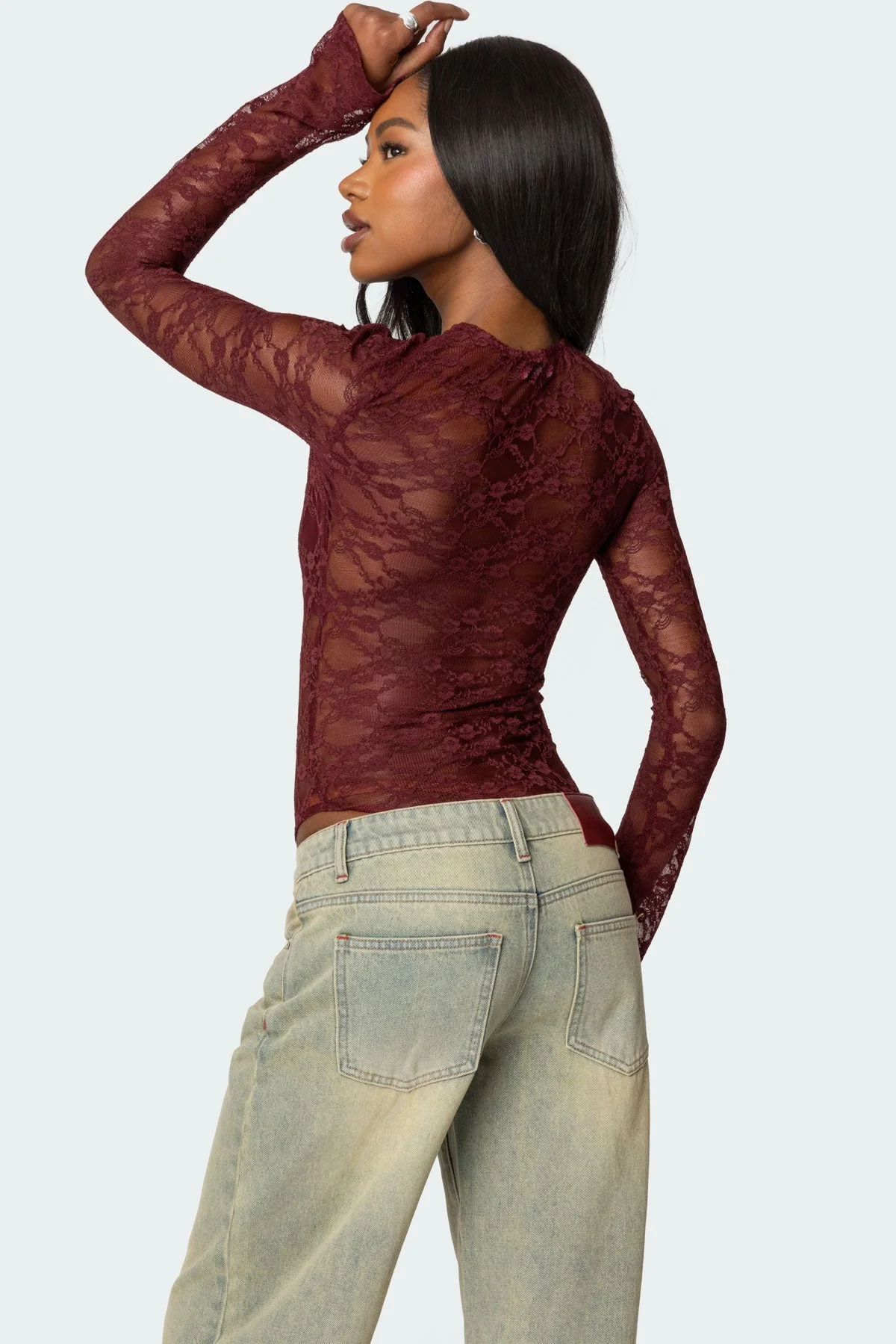 Burgundy Sheer Lace Bodysuit for Evening Wear