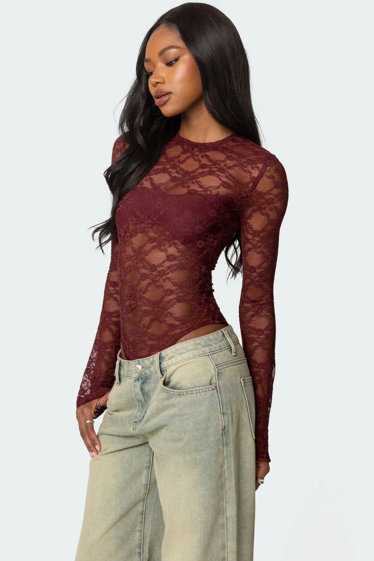 Burgundy Sheer Lace Bodysuit for Evening Wear
