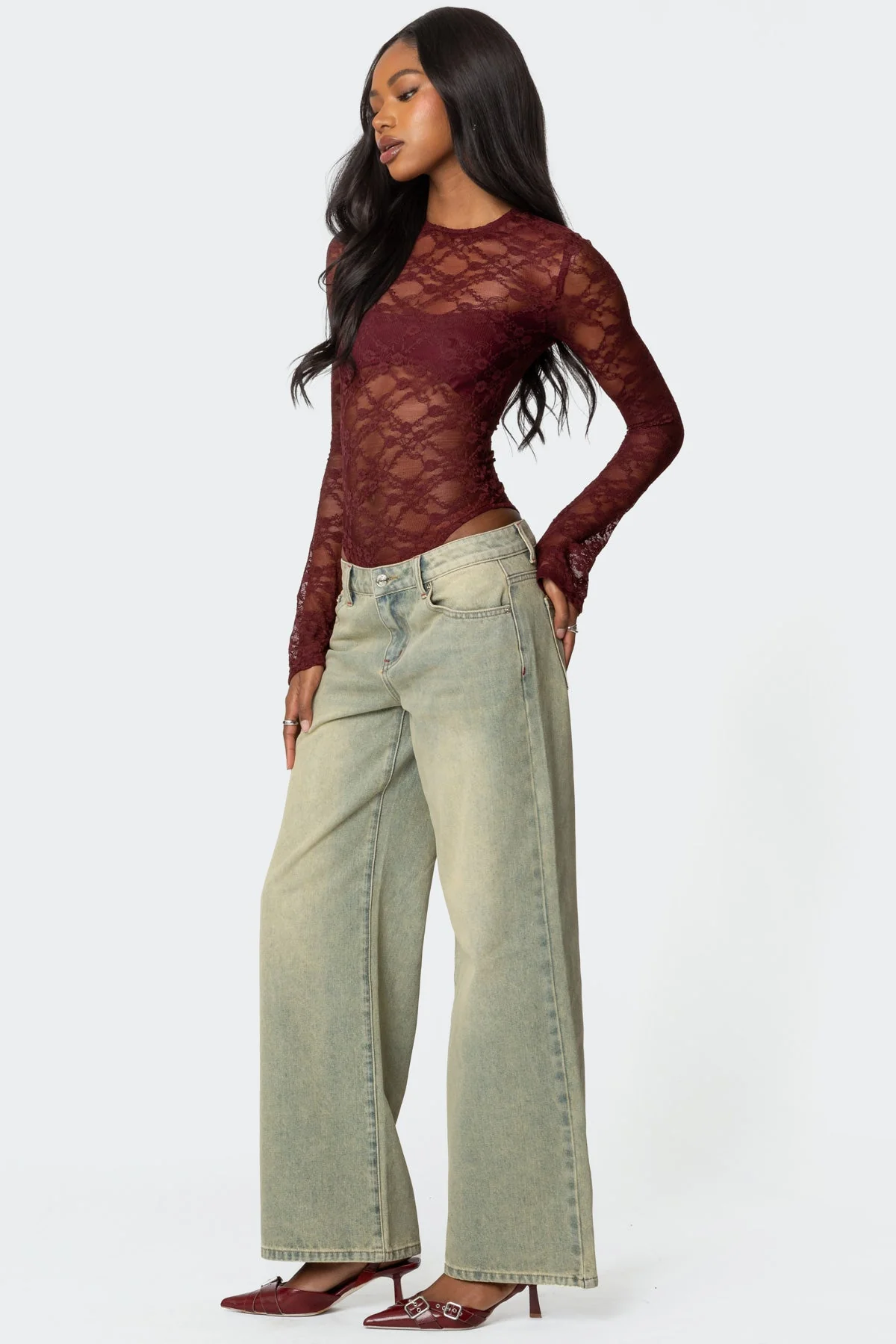 Burgundy Sheer Lace Bodysuit for Evening Wear