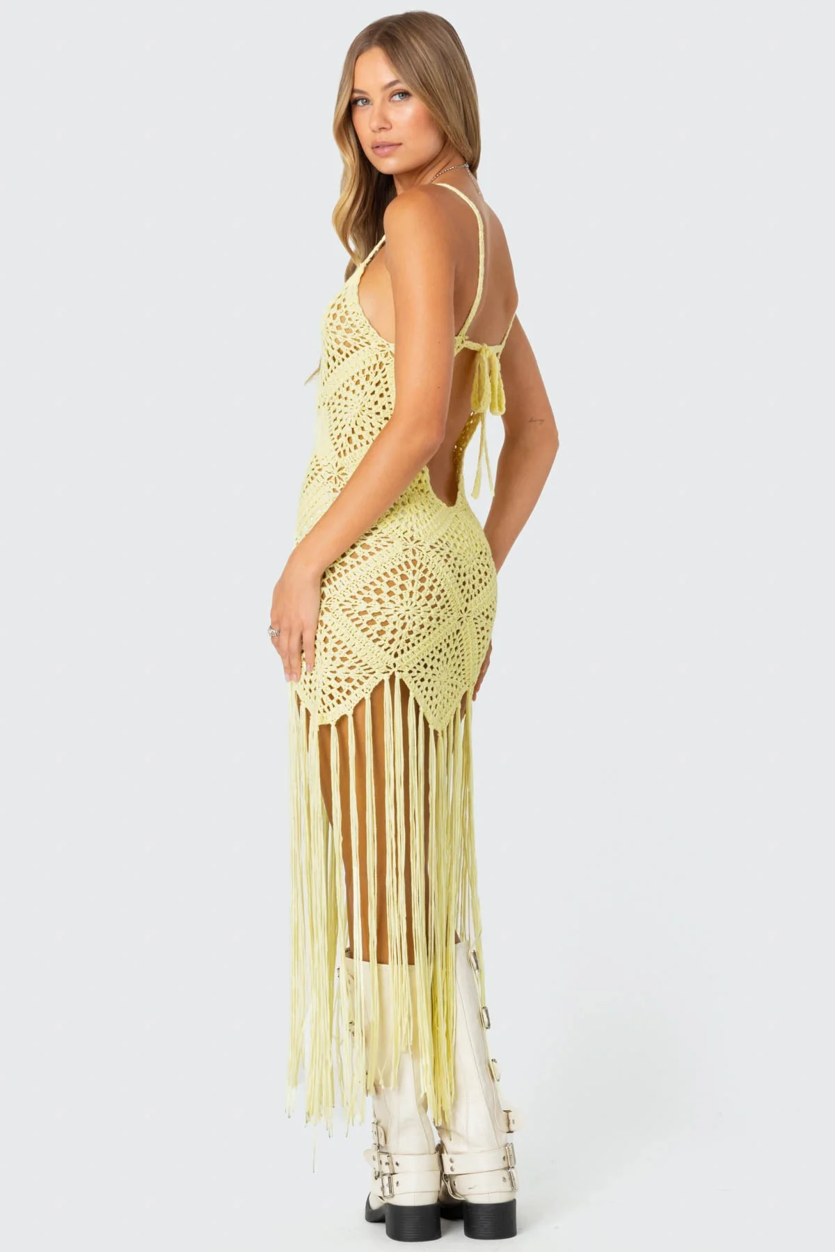 Yellow Crochet Fringe Maxi Dress