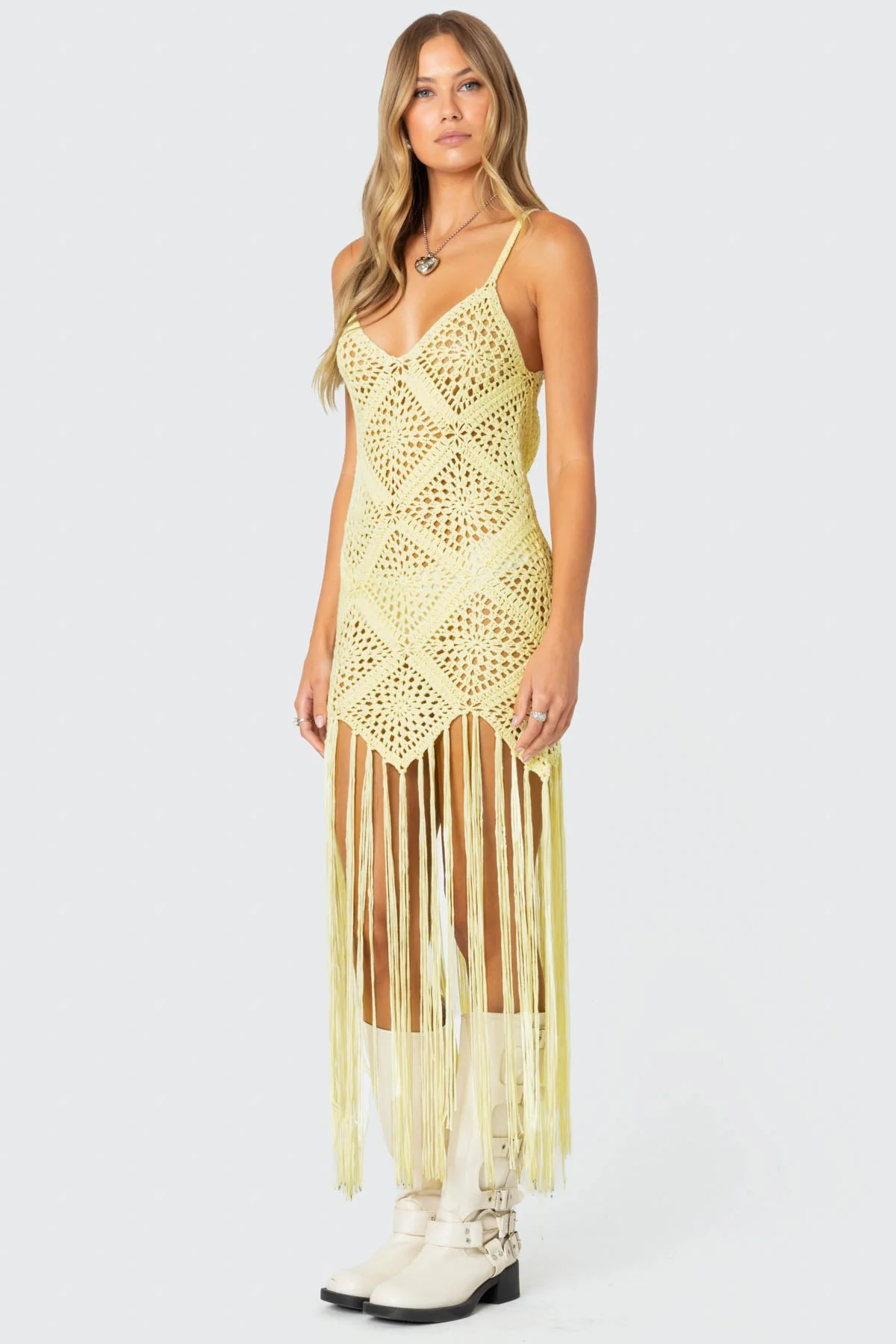 Yellow Crochet Fringe Maxi Dress