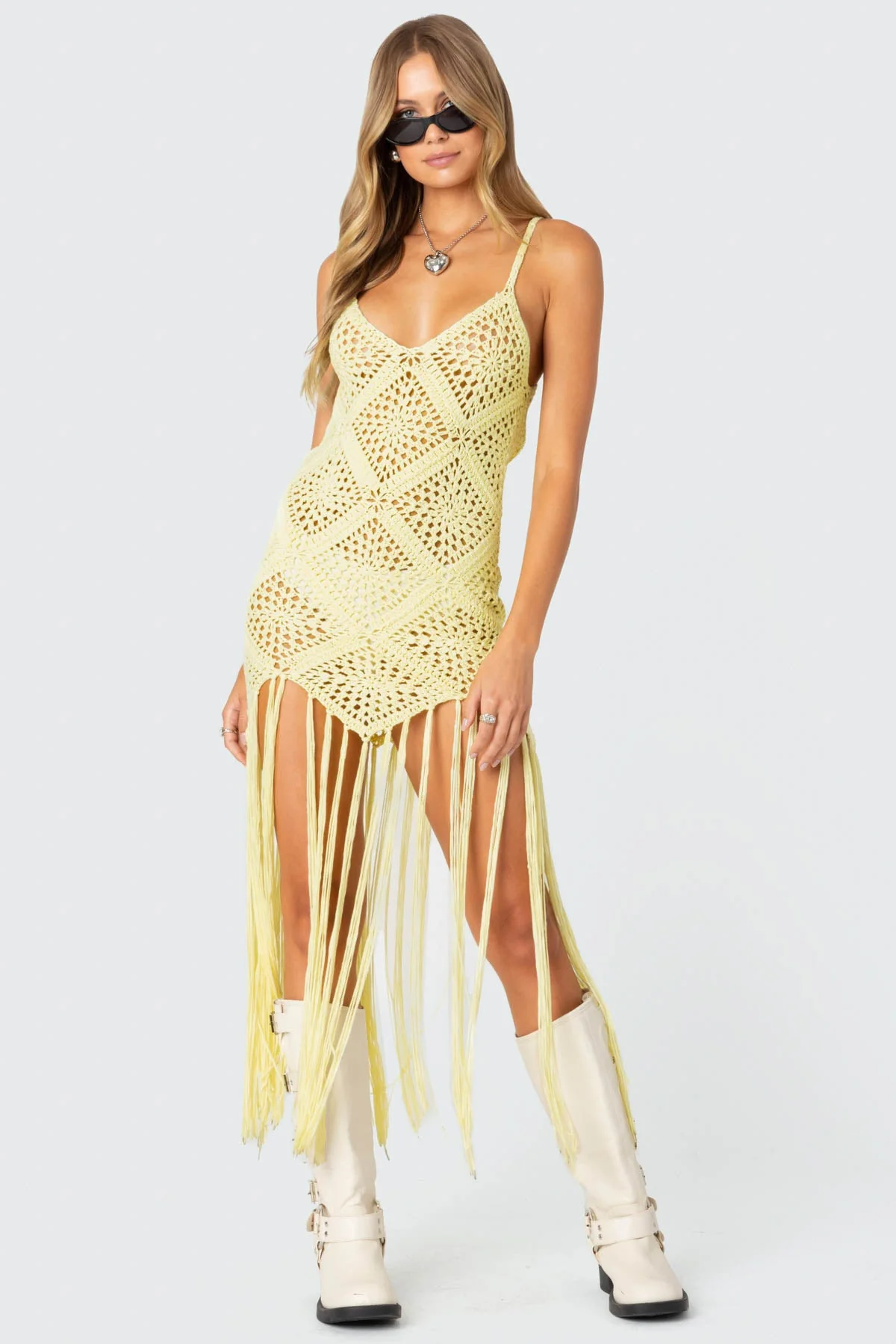 Yellow Crochet Fringe Maxi Dress