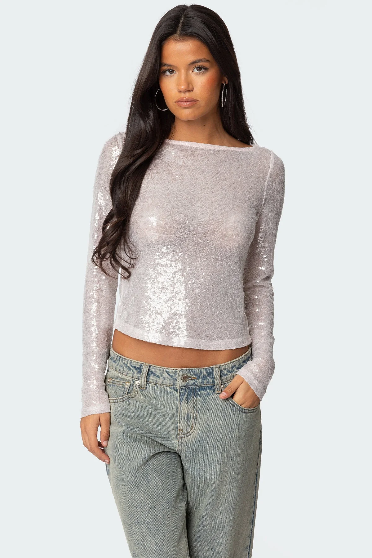 Cream Sheer Sequin Boat Neck Top