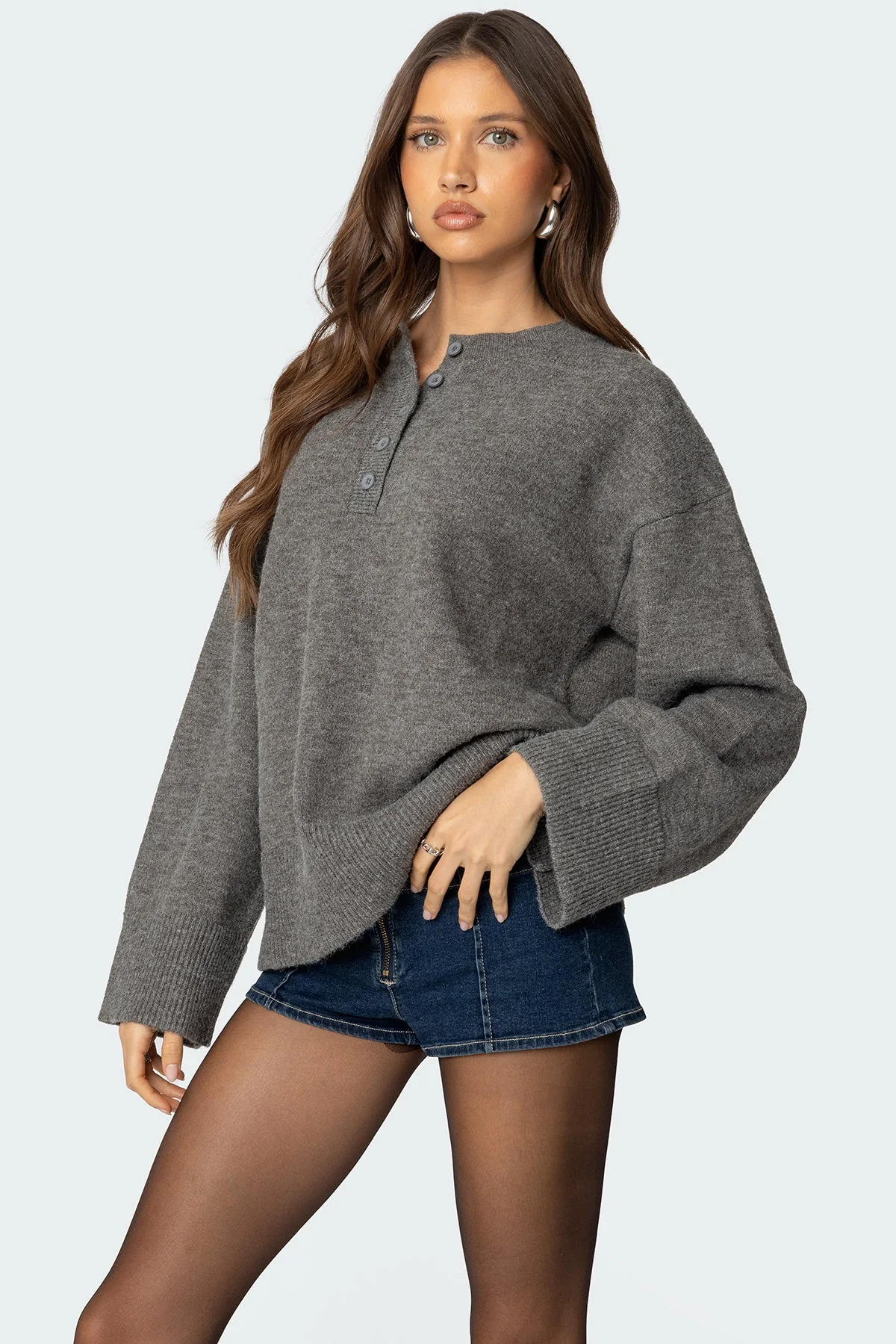 Gray Melange Oversized Button Sweater