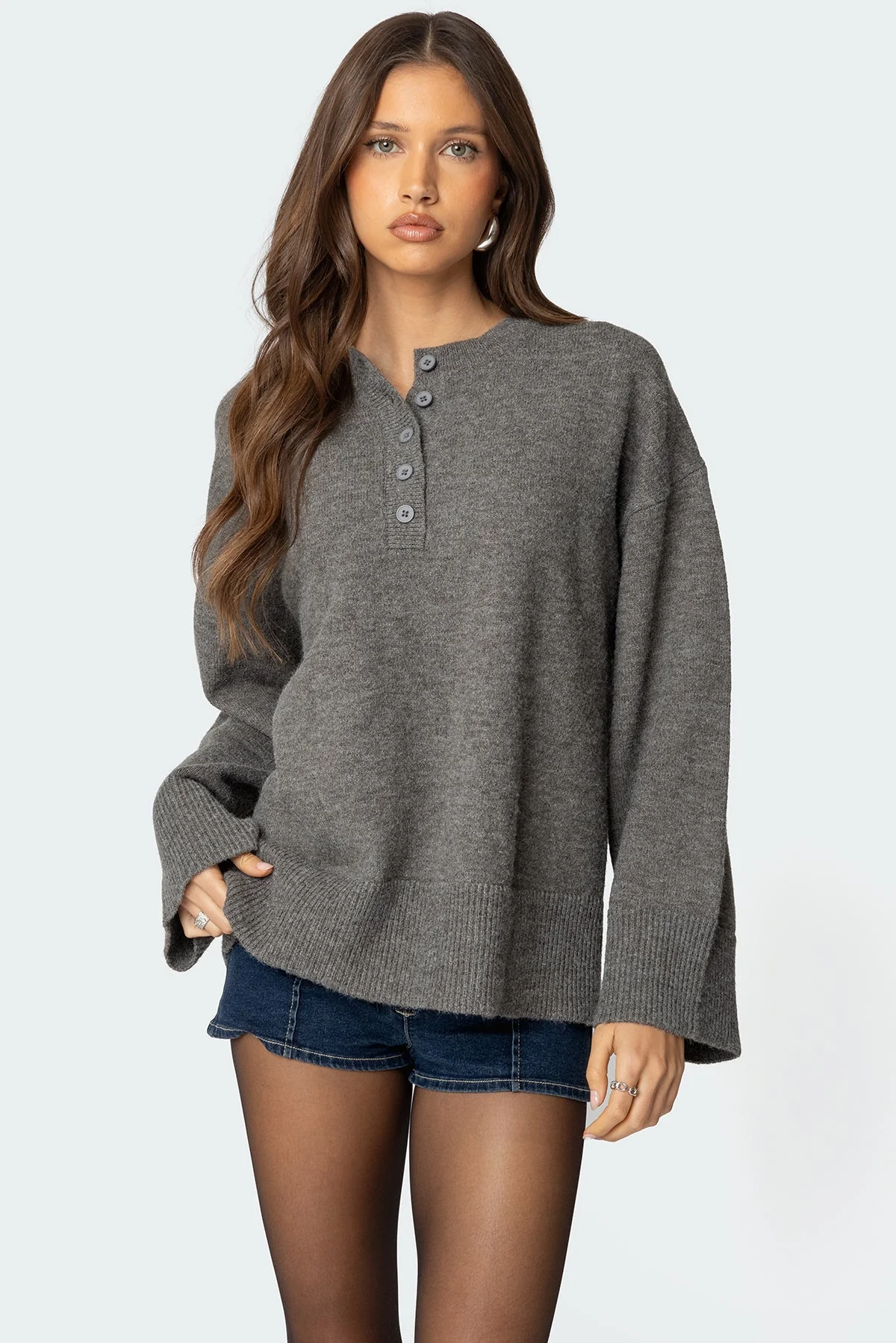 Gray Melange Oversized Button Sweater
