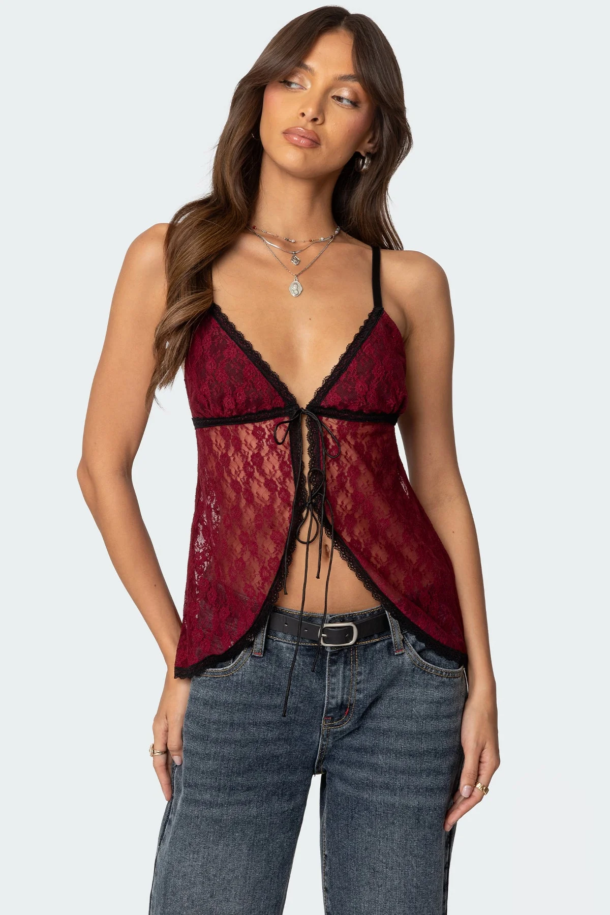 Burgundy Sheer Lace Tank Top with Tie Front Closure