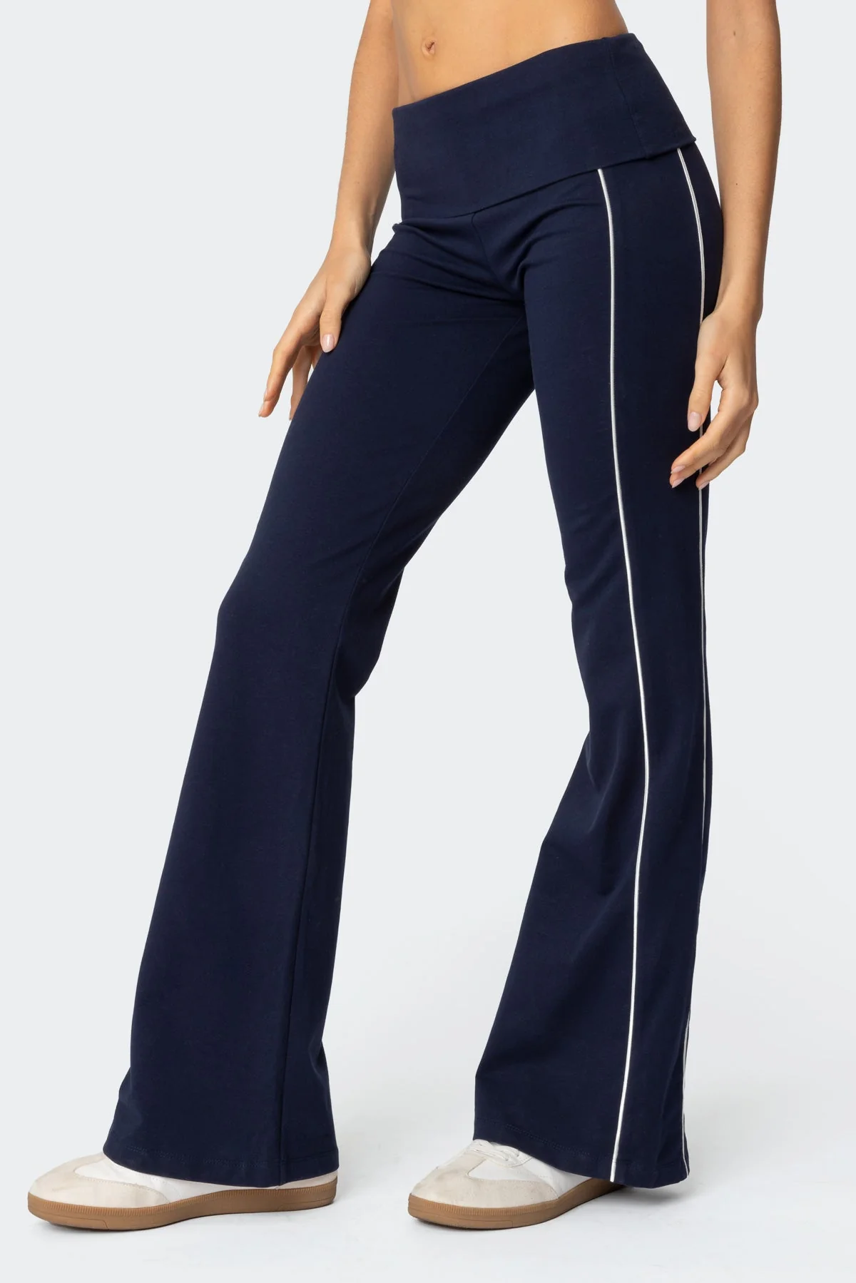 Navy Fold Over Flared Leggings Womens Casual Wear