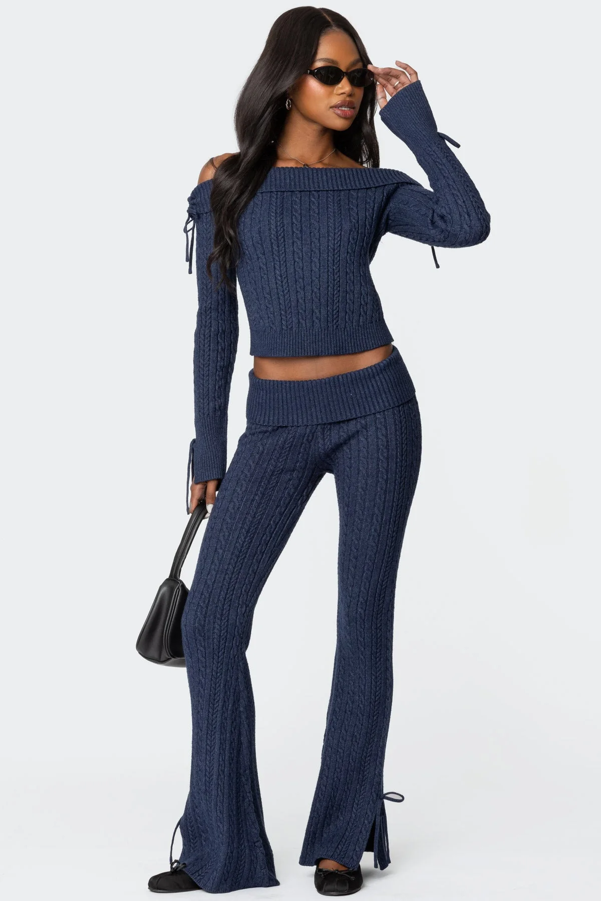 Navy Cable Knit Flare Pants with Fold Over Waistband
