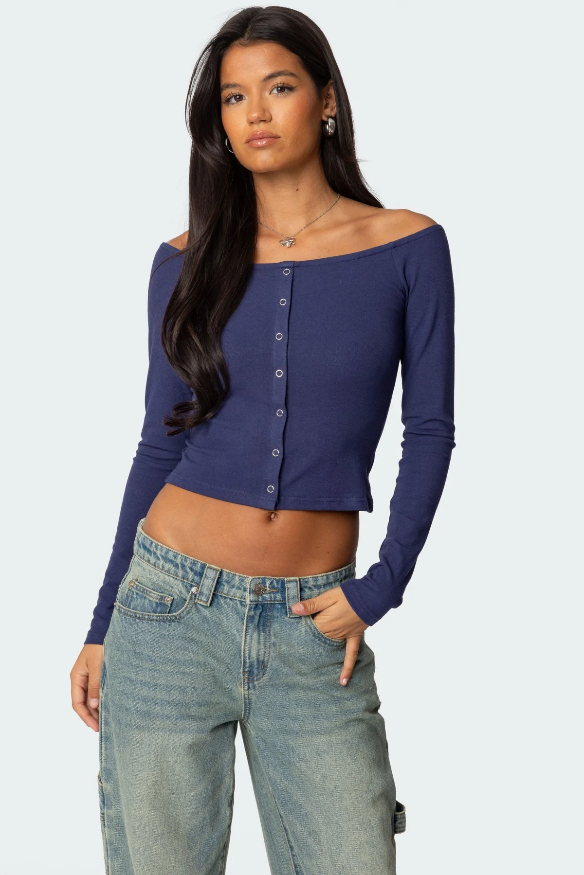 Navy Off Shoulder Snap Button Top