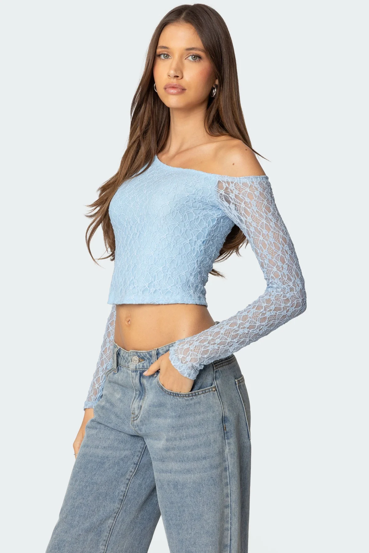 Fabia Textured Lace Asymmetric Top in Light Blue