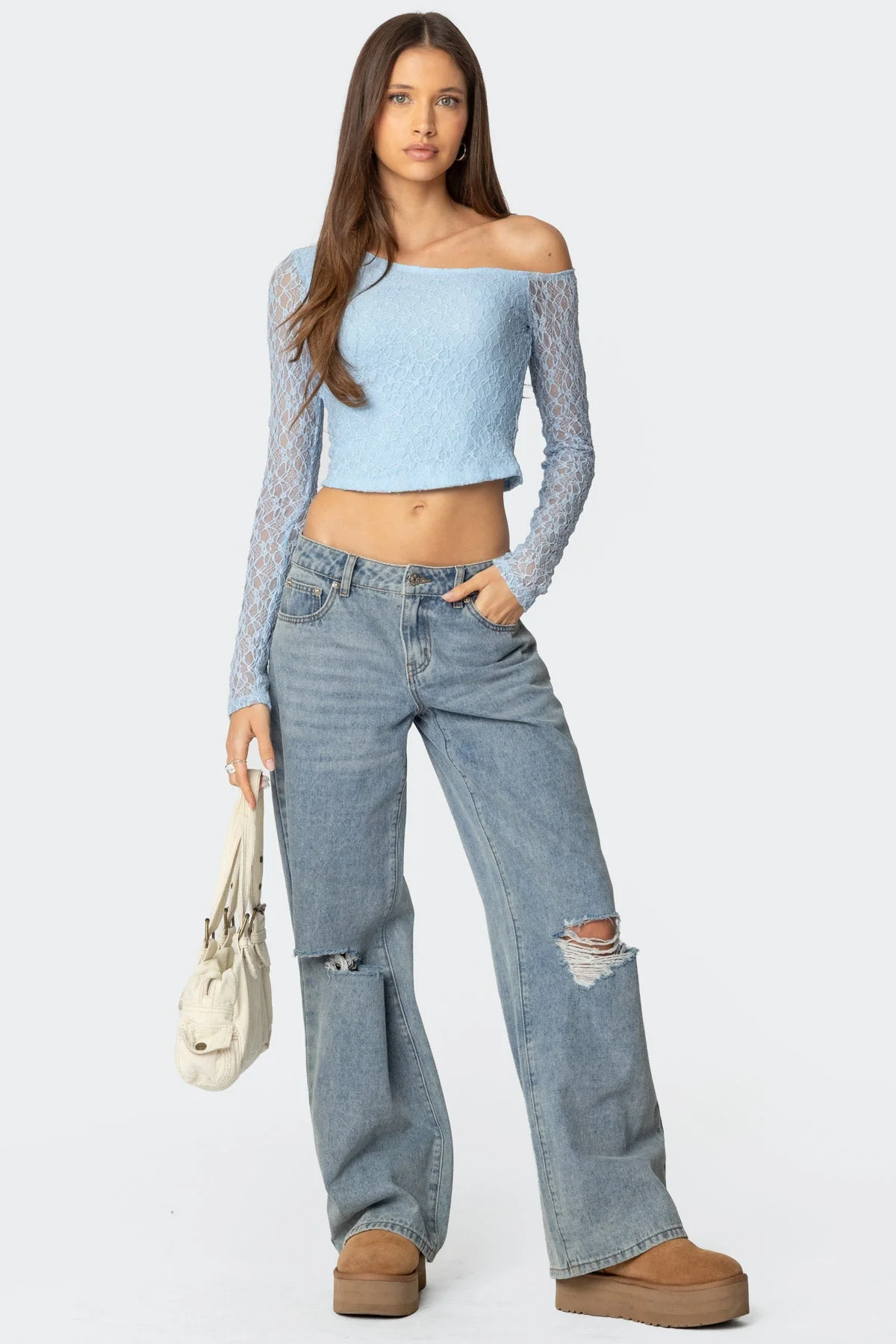 Fabia Textured Lace Asymmetric Top in Light Blue