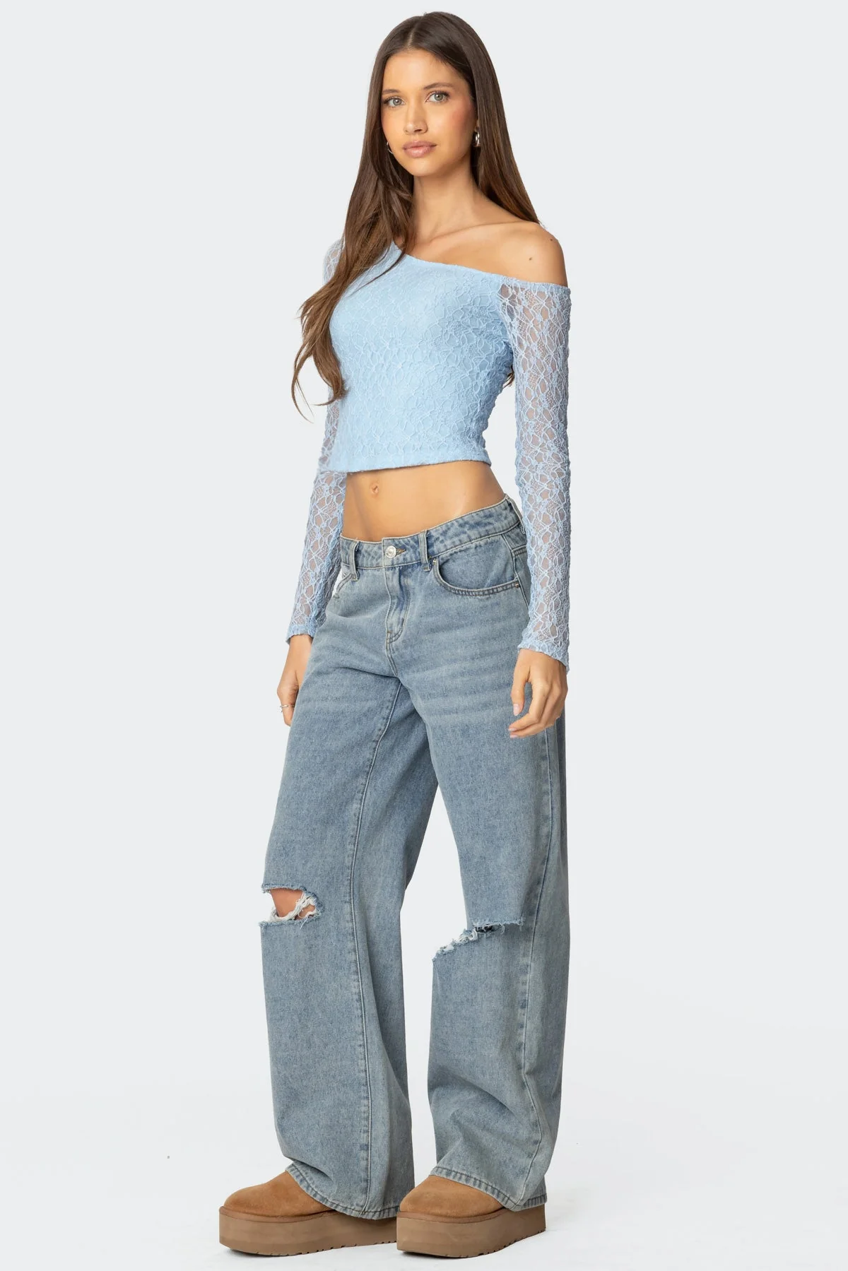 Fabia Textured Lace Asymmetric Top in Light Blue