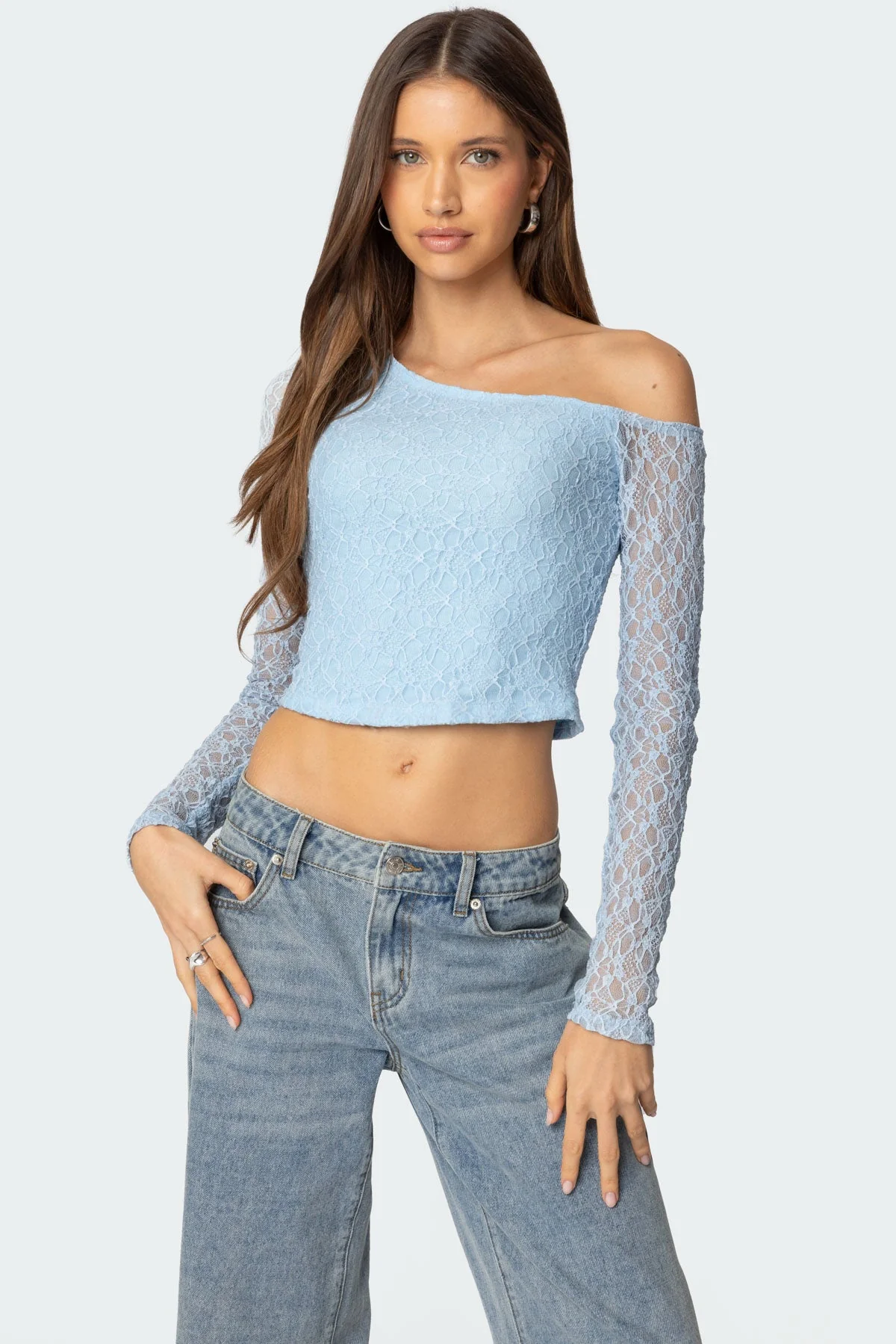 Fabia Textured Lace Asymmetric Top in Light Blue