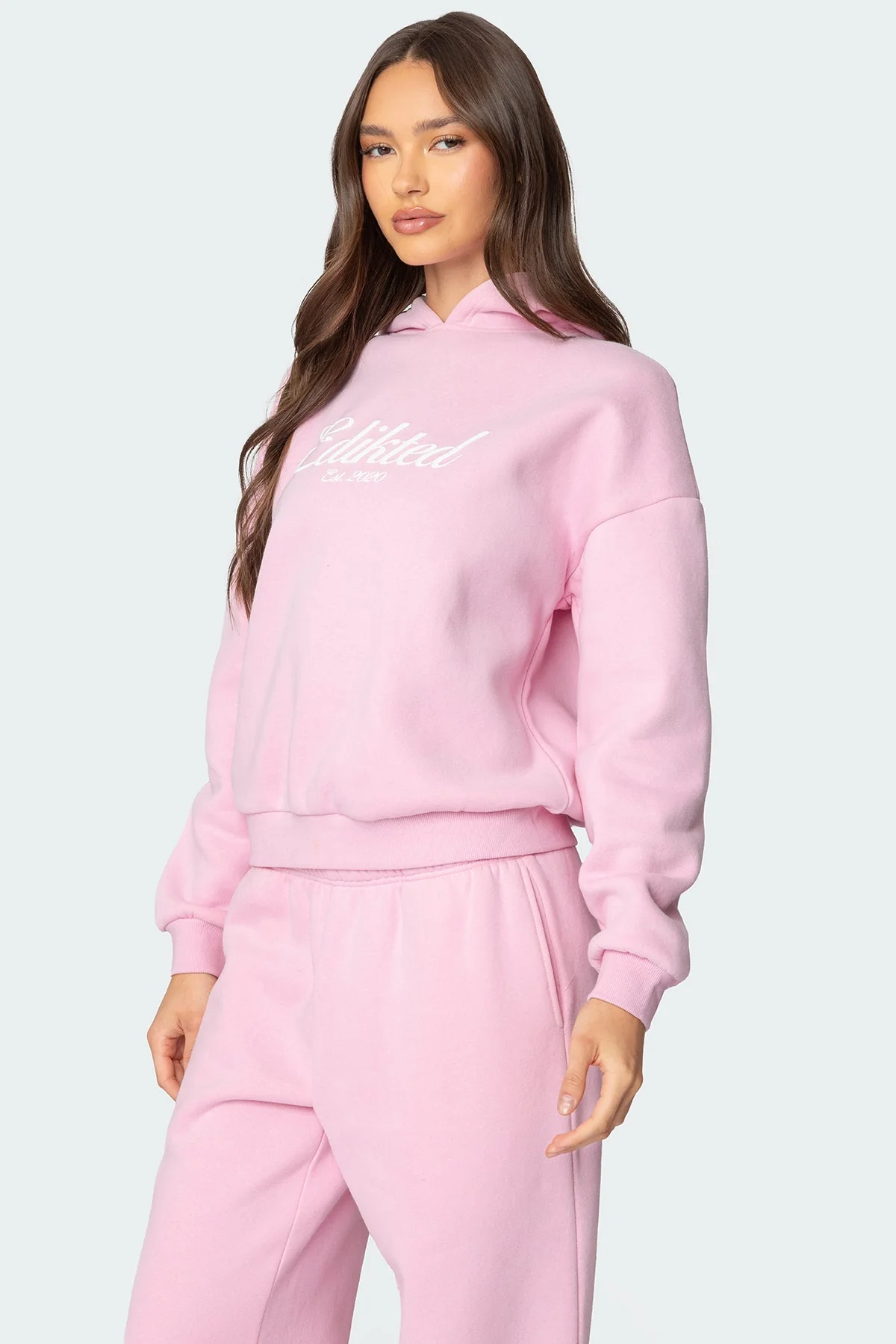 Pink Cursive Text Graphic Hoodie Set