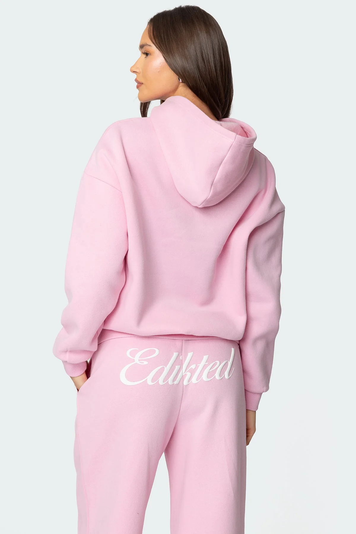 Pink Cursive Text Graphic Hoodie Set