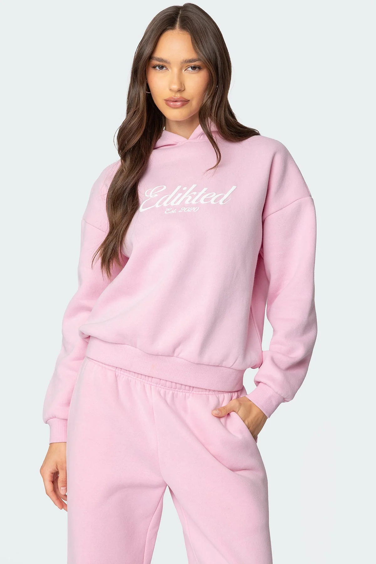 Pink Cursive Text Graphic Hoodie Set