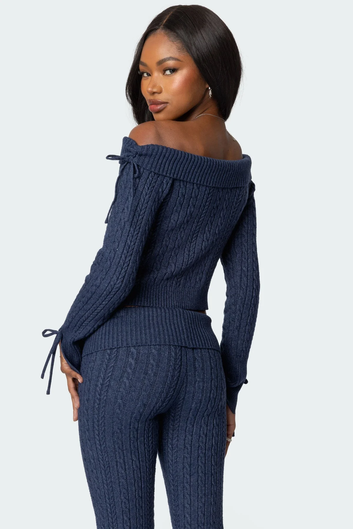 Navy Cable Knit Fold Over Sweater