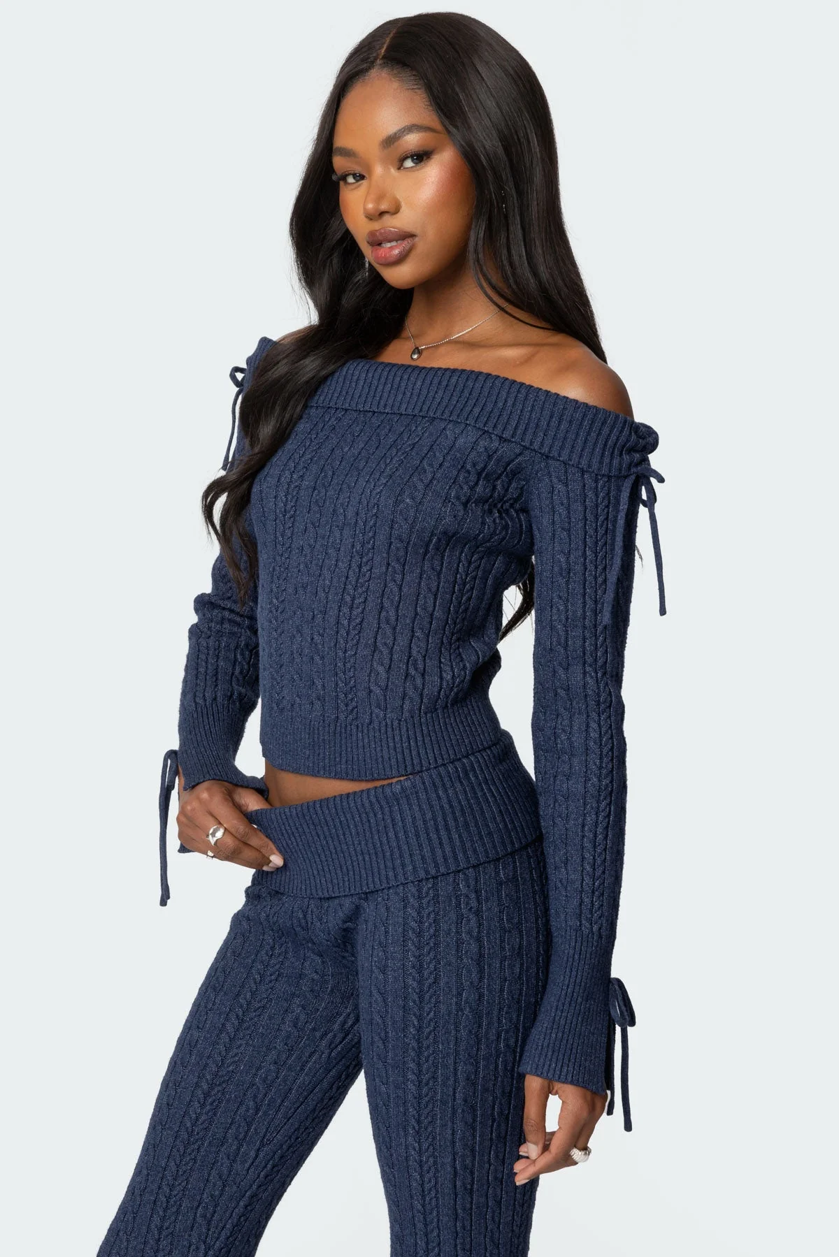 Navy Cable Knit Fold Over Sweater