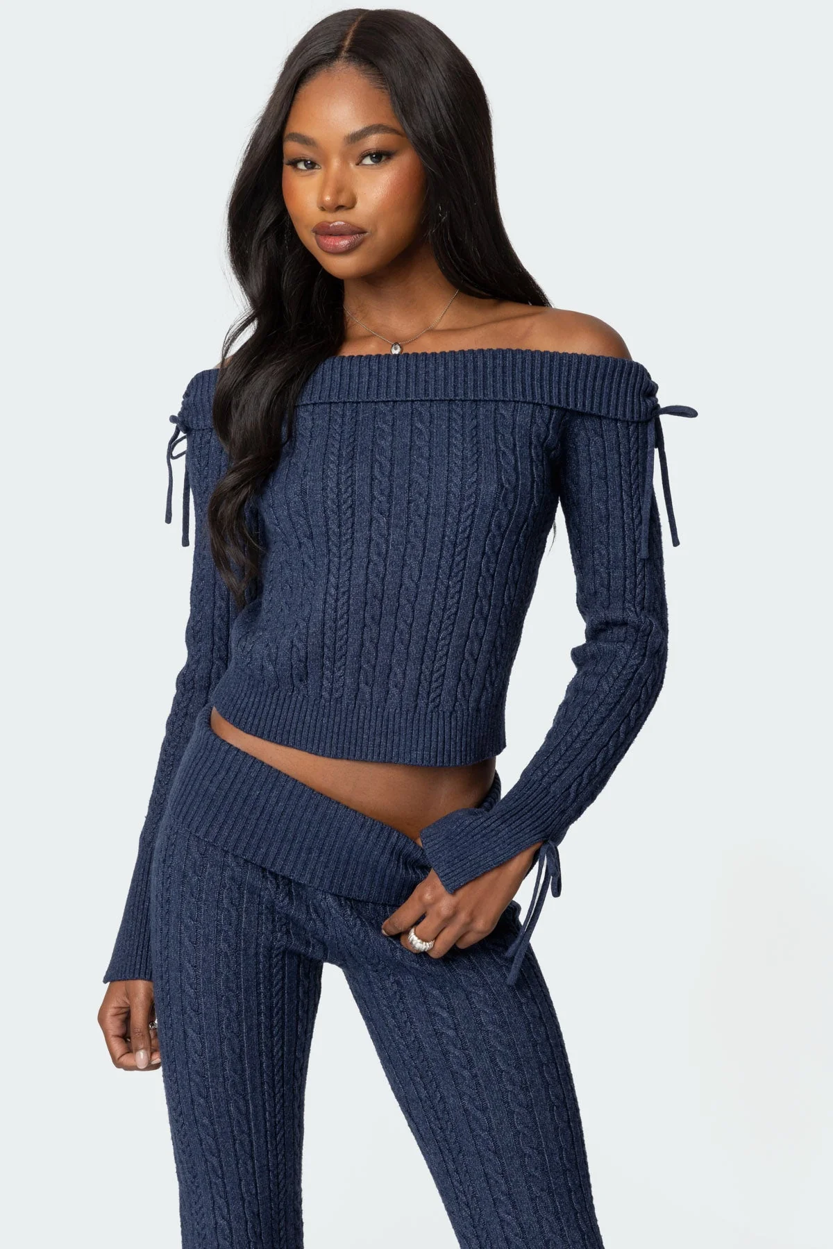 Navy Cable Knit Fold Over Sweater