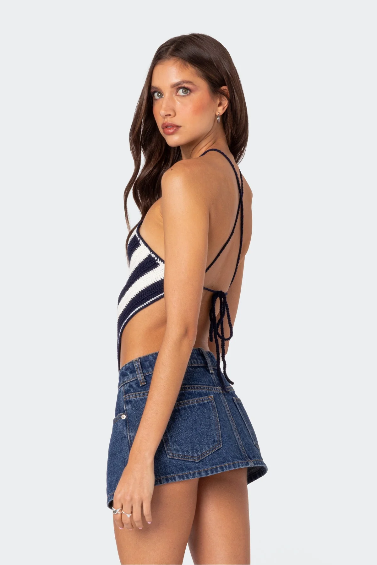 Chic Striped Crochet Halter Top in Navy and White