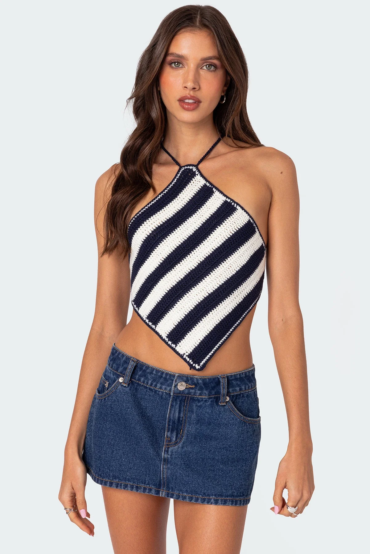 Chic Striped Crochet Halter Top in Navy and White