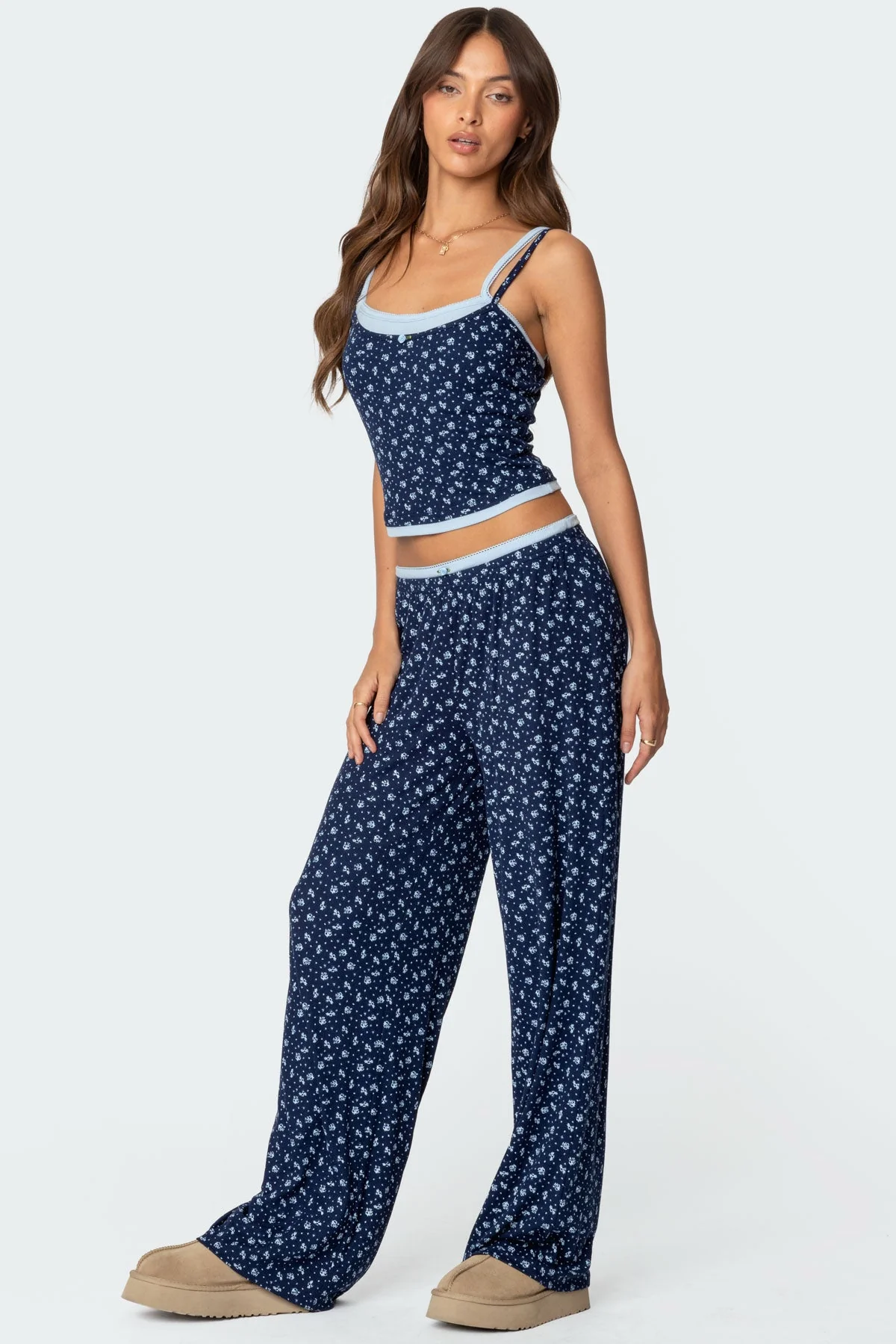 Blue Floral Layered Tank Top Womens Sleepwear Adjustable Straps