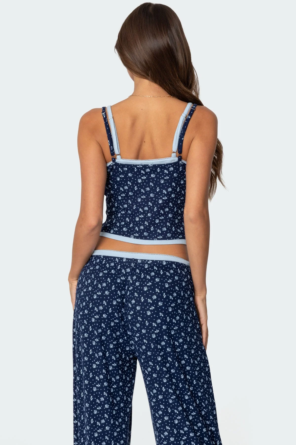 Blue Floral Layered Tank Top Womens Sleepwear Adjustable Straps
