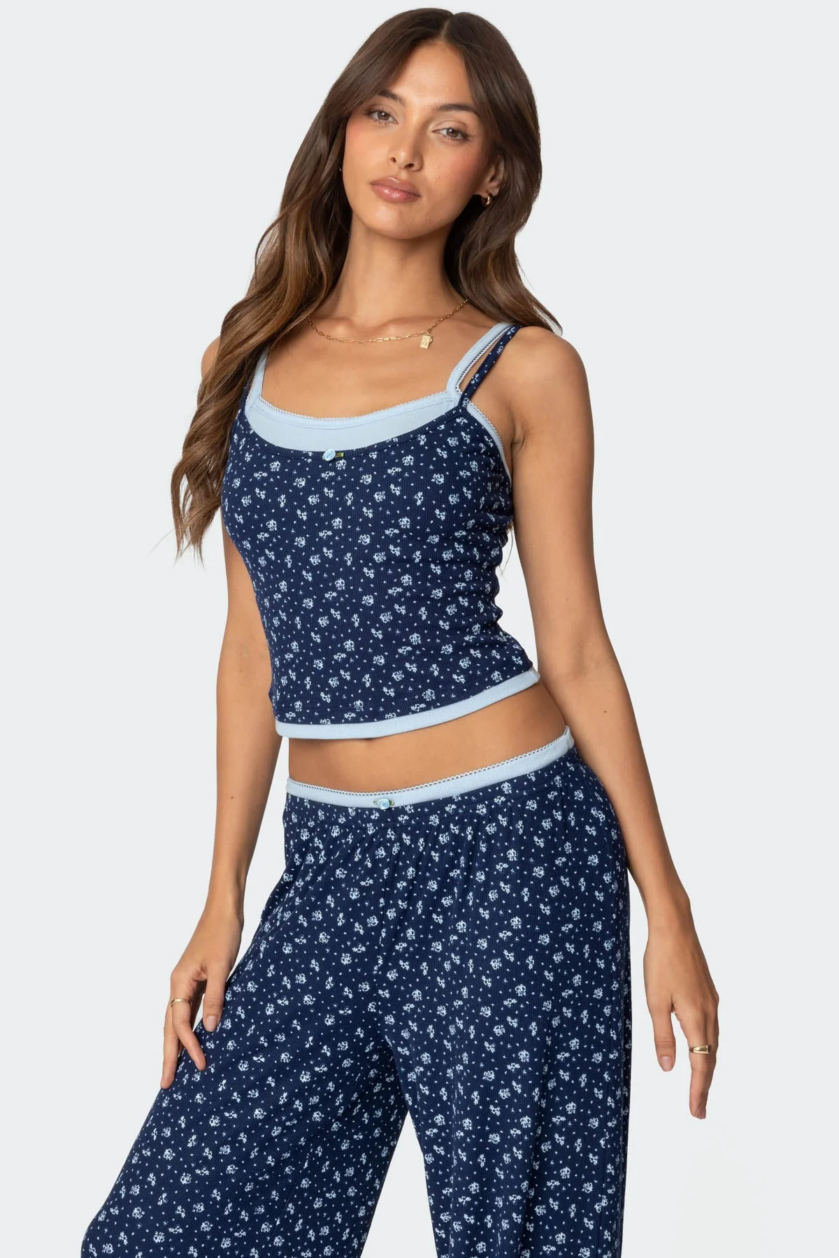 Blue Floral Layered Tank Top Womens Sleepwear Adjustable Straps