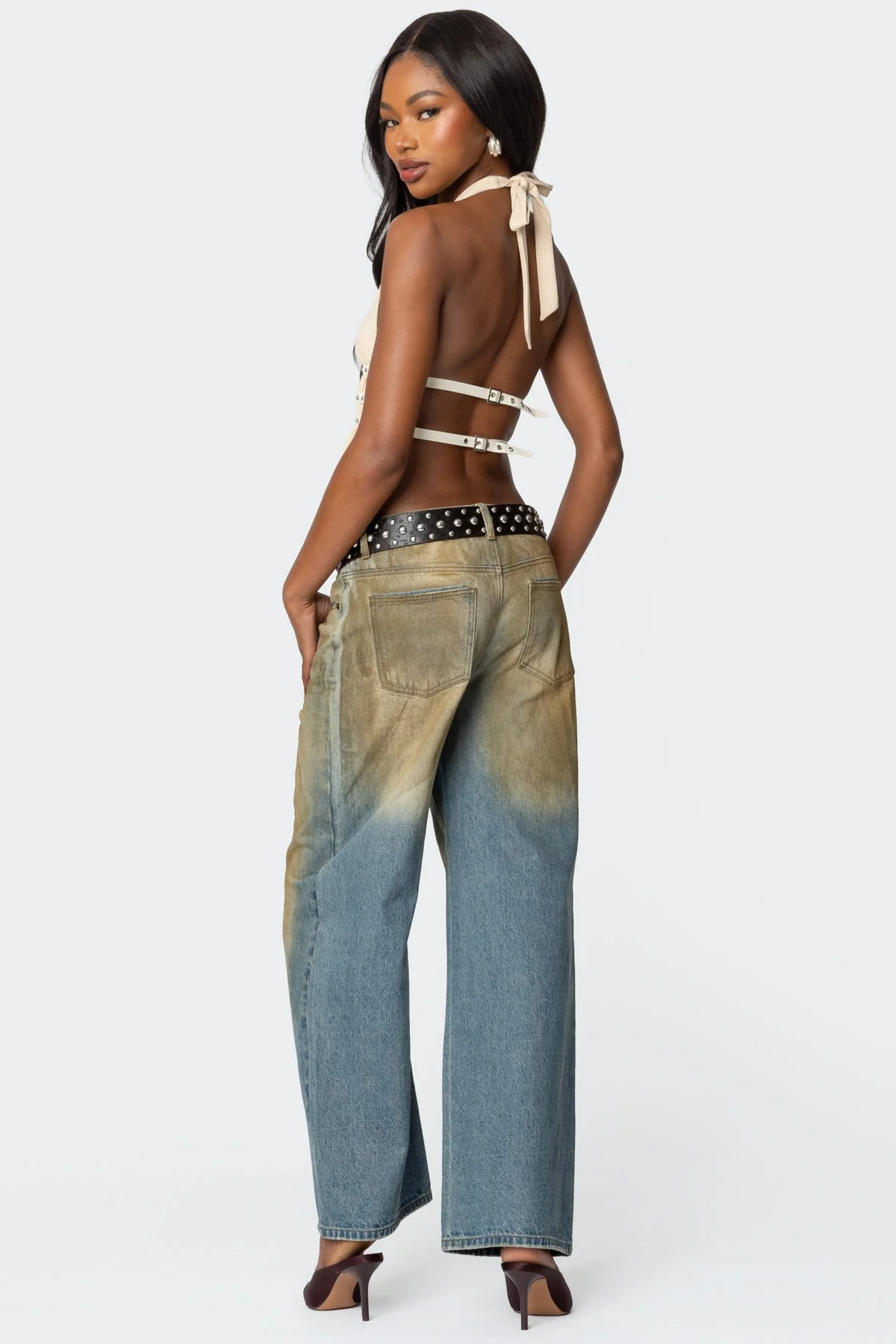 Cream Studded Halter Neck Chain Detail Top