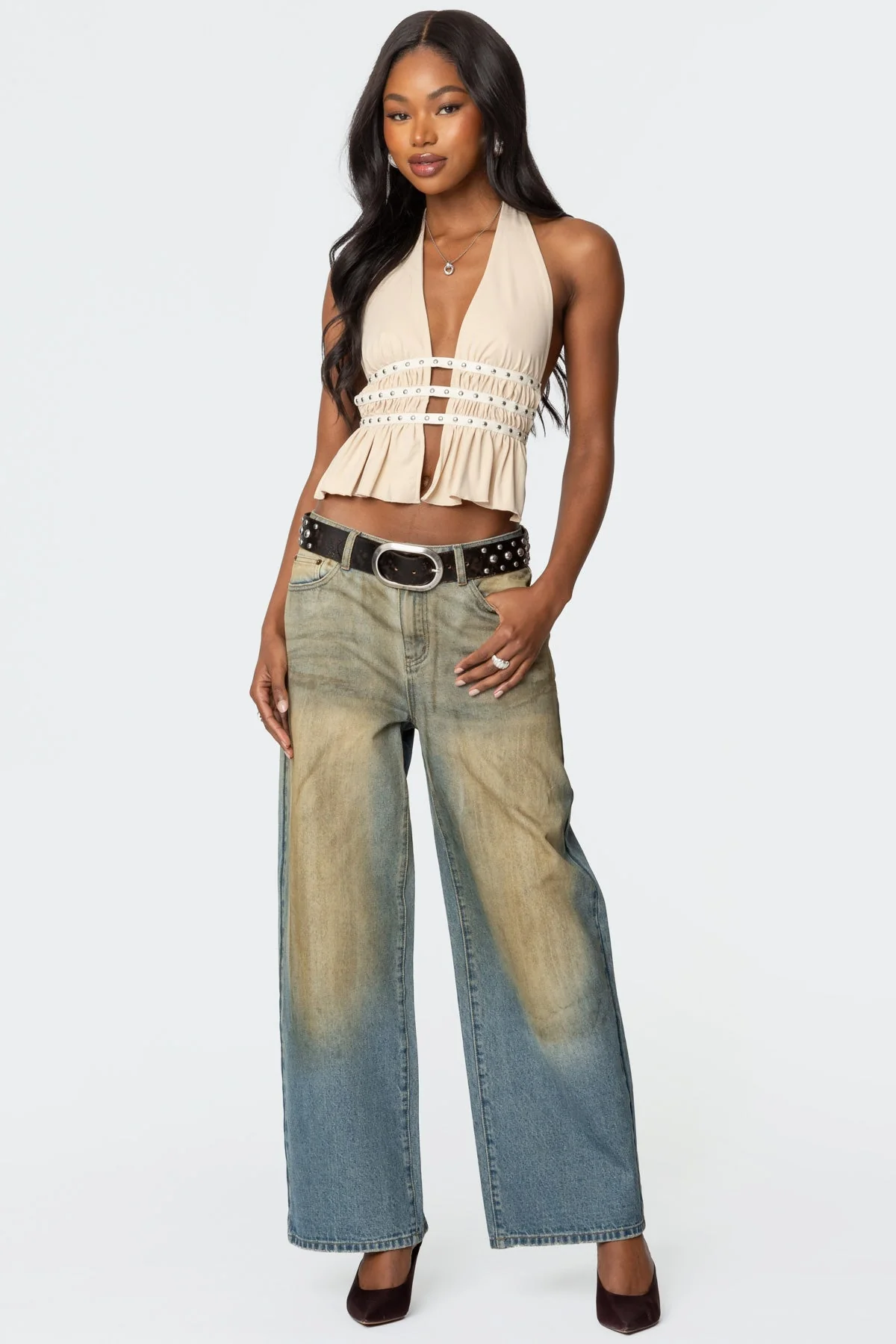 Cream Studded Halter Neck Chain Detail Top