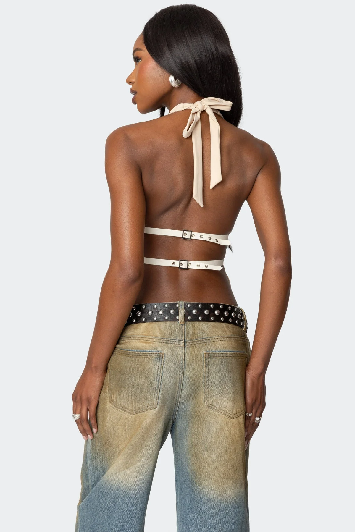 Cream Studded Halter Neck Chain Detail Top