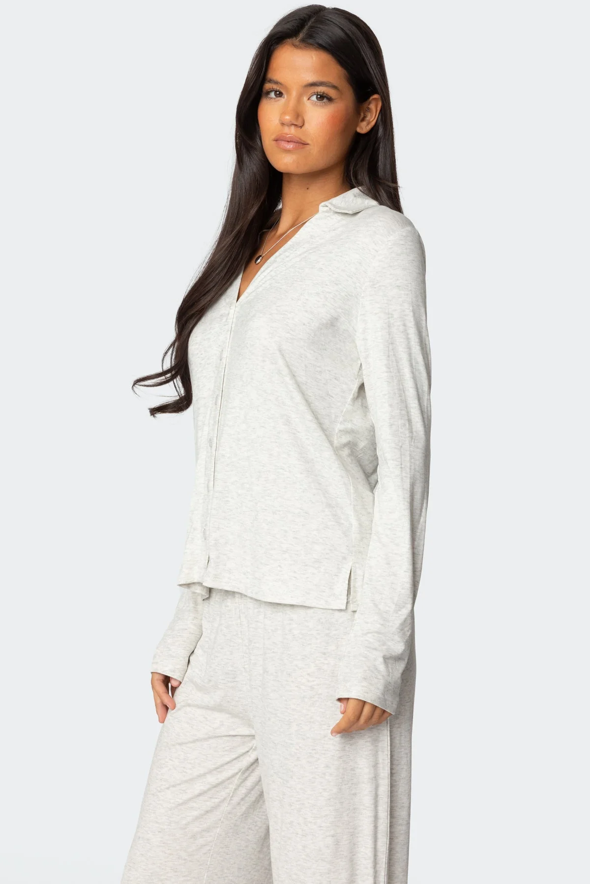 Gray Melange Sleepwear Button Up Shirt