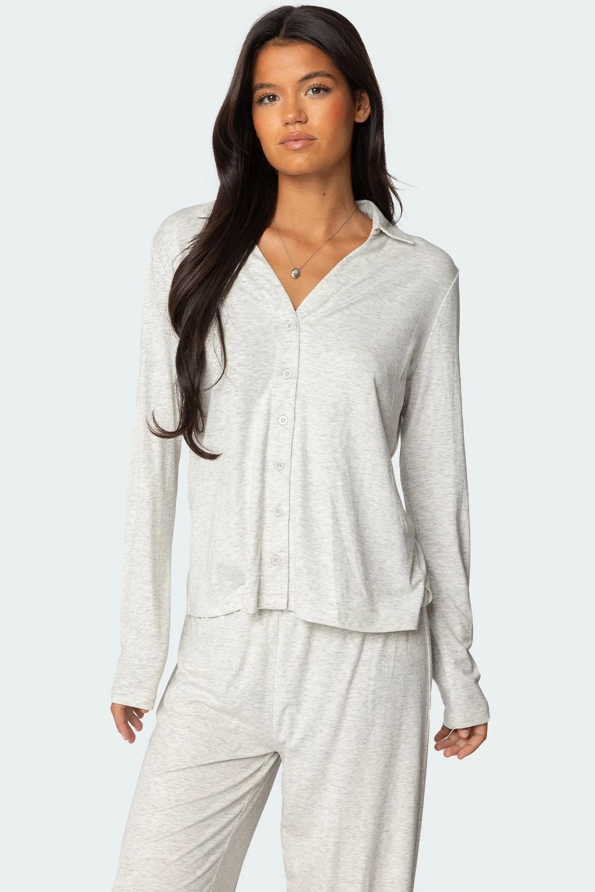 Gray Melange Sleepwear Button Up Shirt