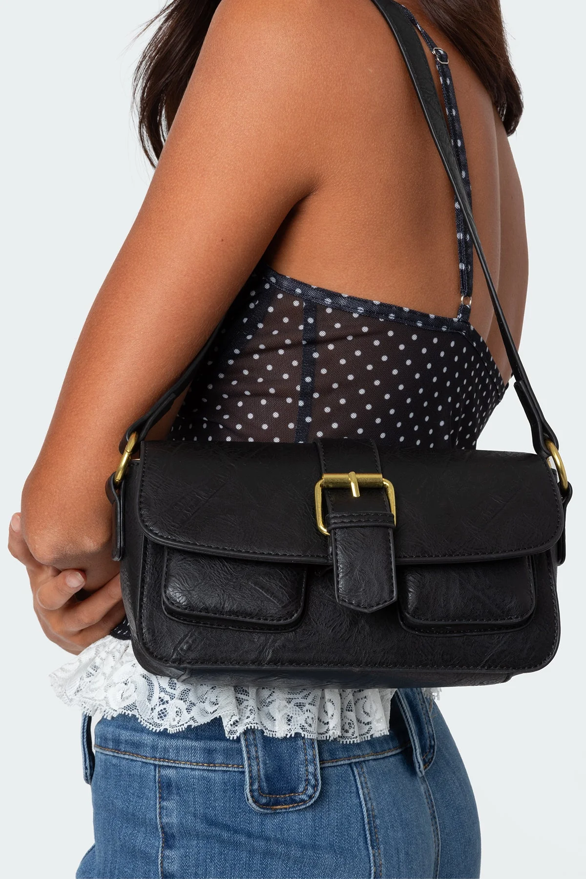 Faux Leather Buckled Shoulder Bag Black