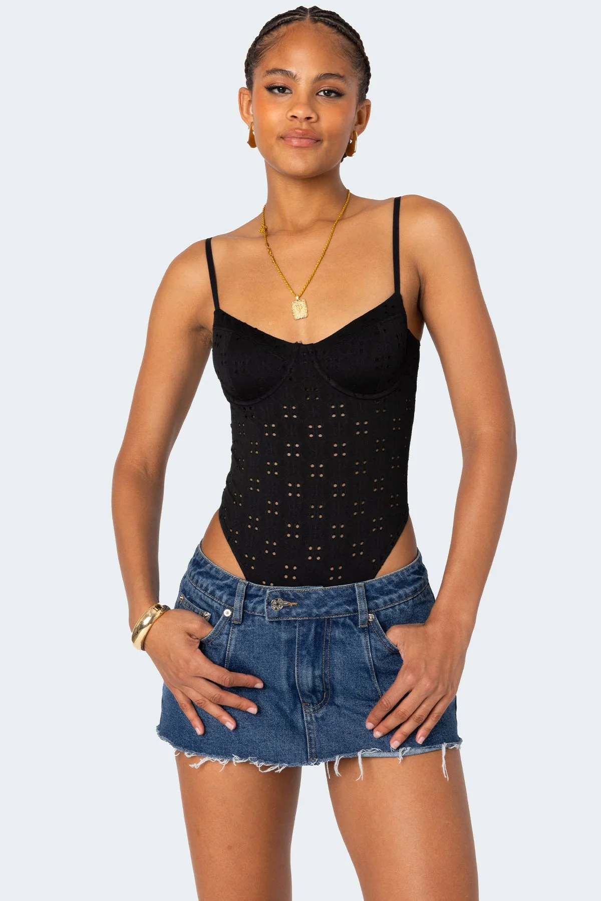 Black Cupped Eyelet Bodysuit - Adjustable Straps Womens Apparel