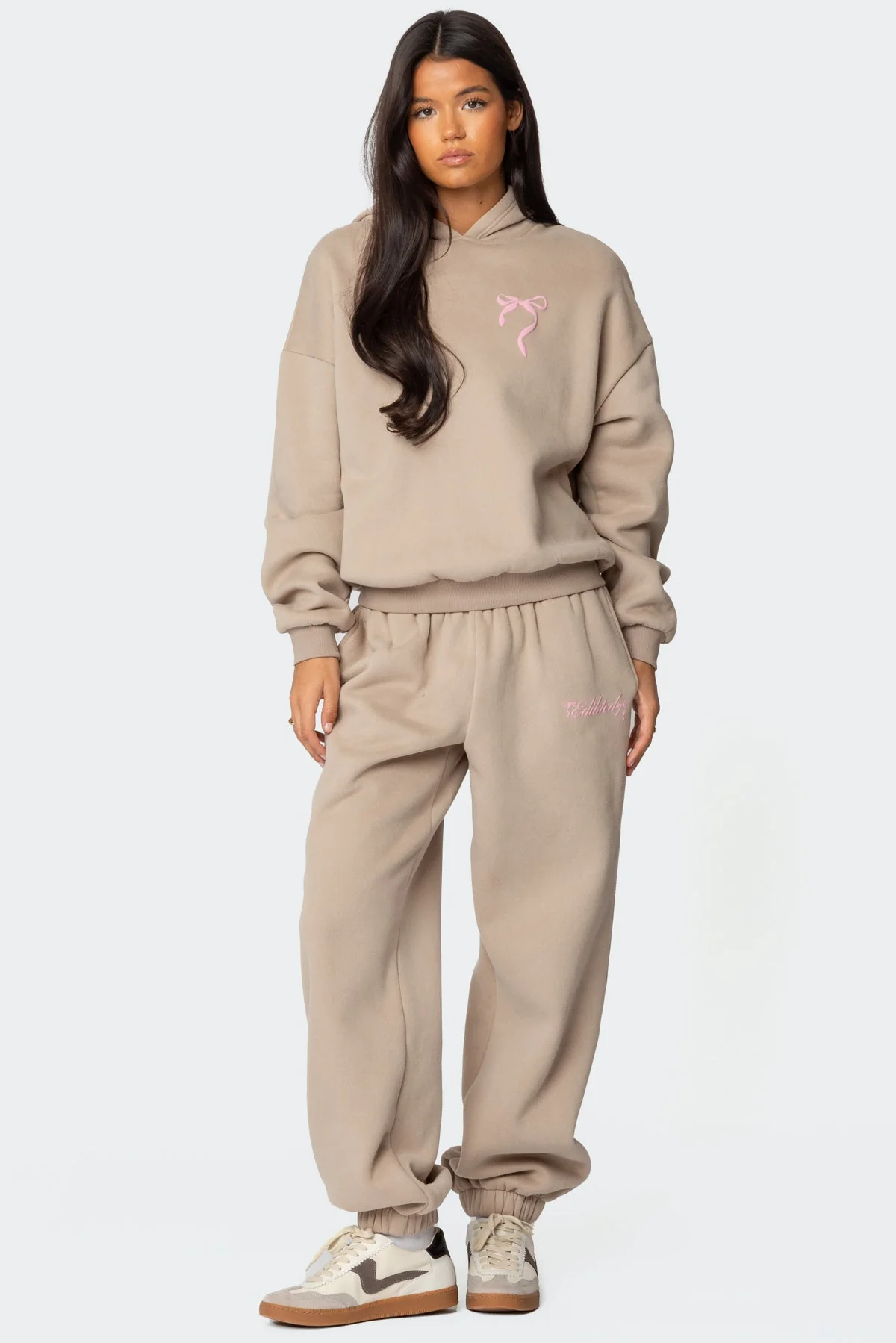 Beige Bow Detail Lounge Sweatpants Womens Low-Rise Set