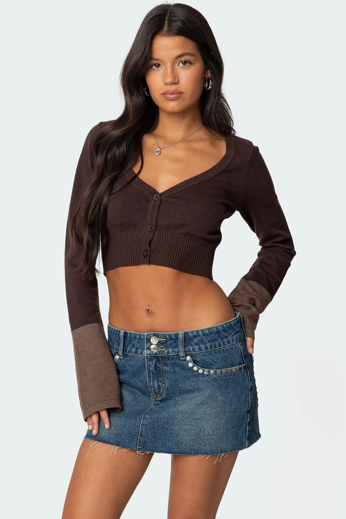 Brown Knit Flared Sleeve Cardigan Womens Sweater