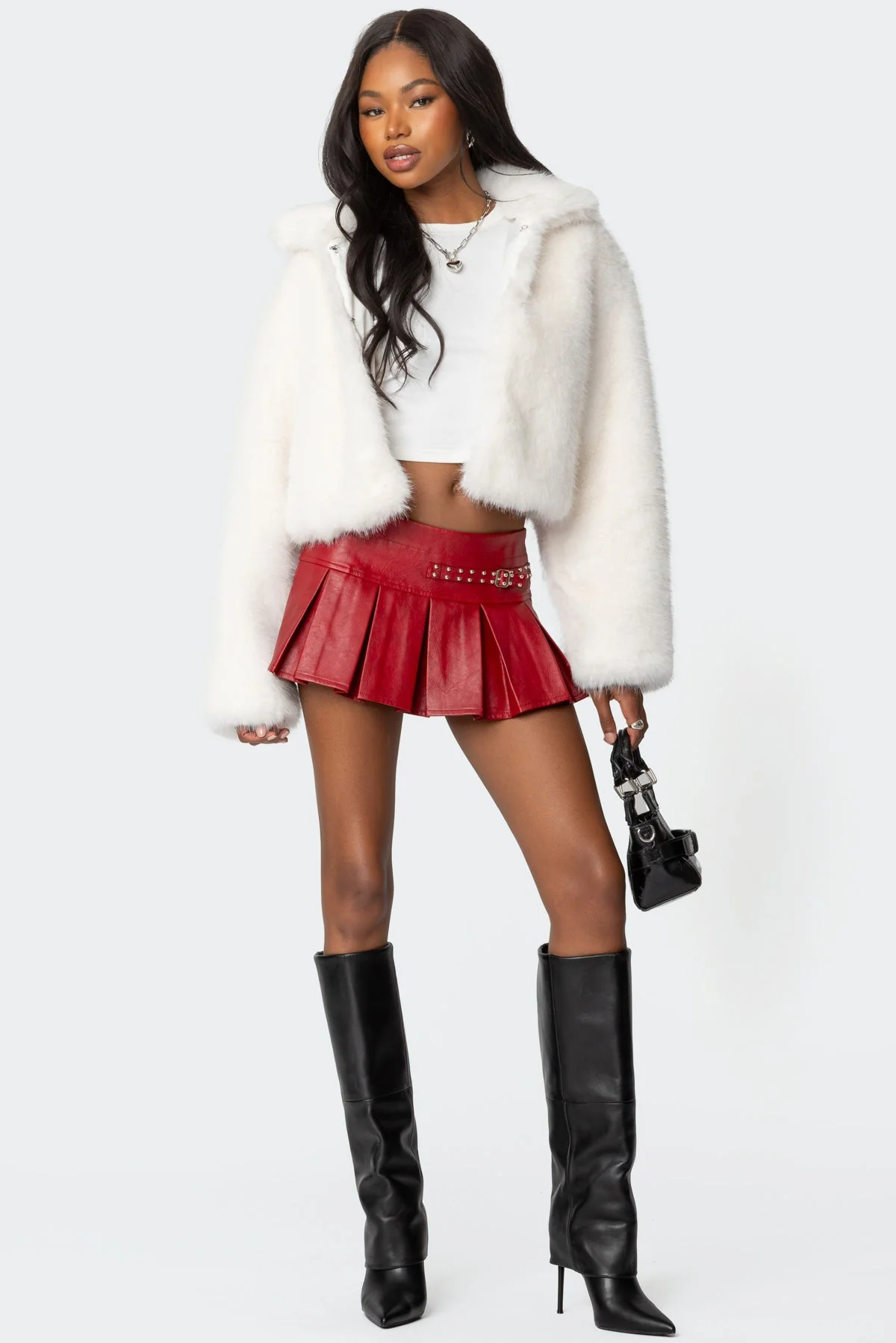 Red Faux Leather Pleated Mini Skirt