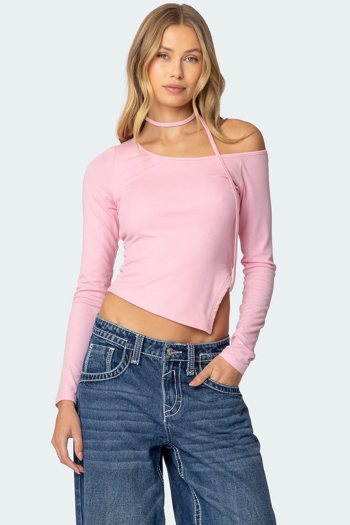 Light Pink Asymmetric Choker Neckline Top