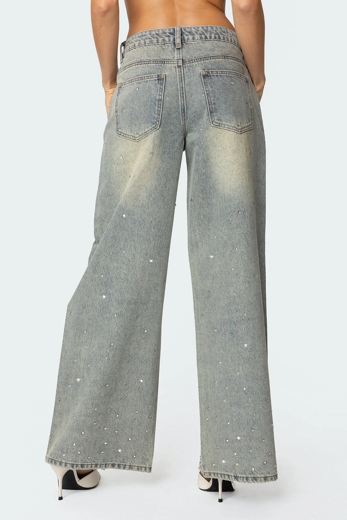 Gray Rhinestone Washed Denim Pants