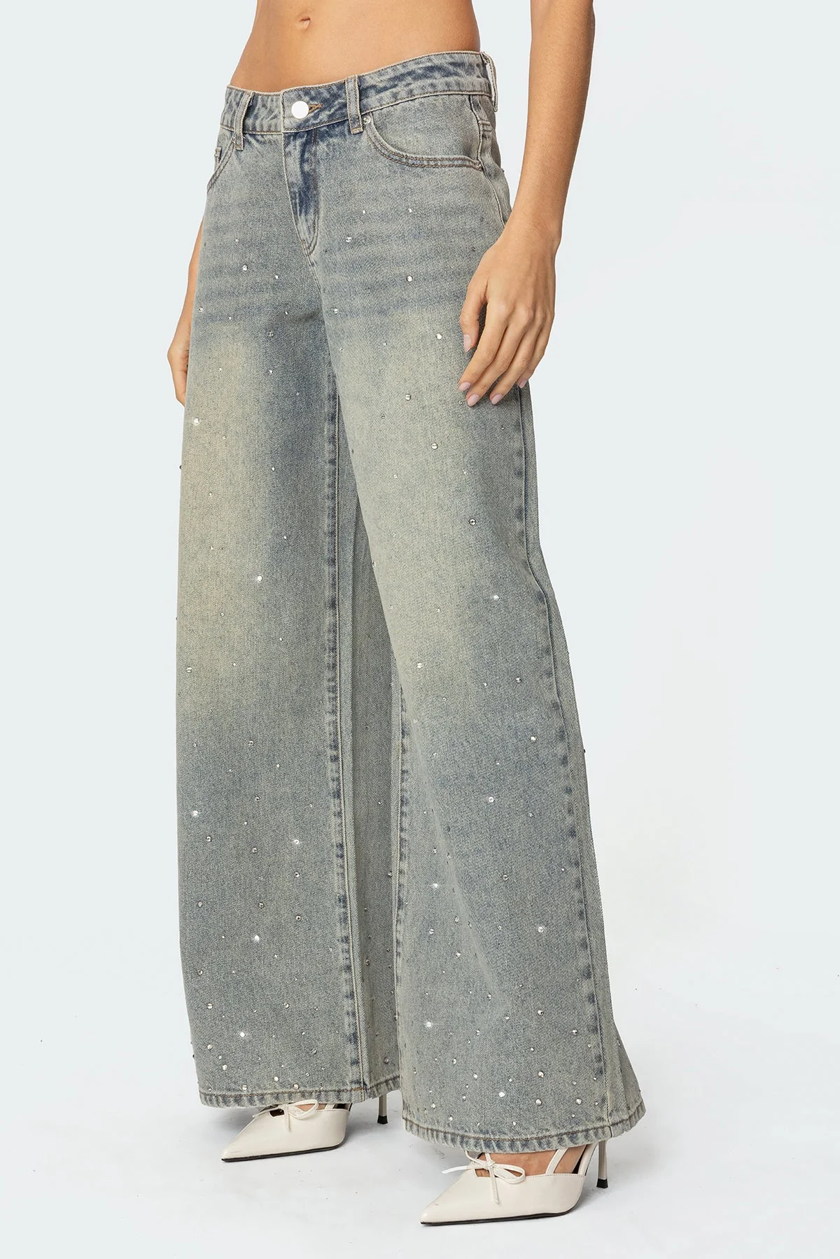 Gray Rhinestone Washed Denim Pants