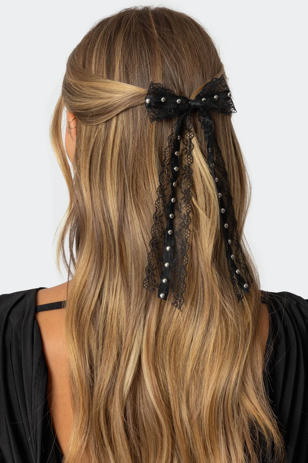 Black Studded Lace Bow Hair Clip Accessory