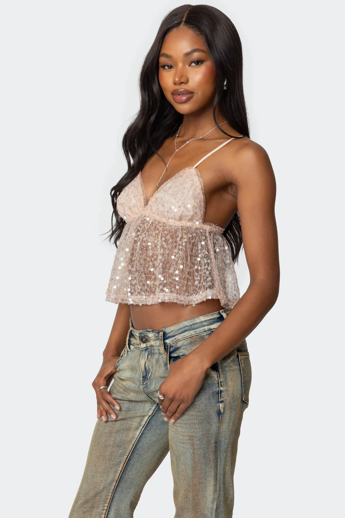 Pink Sequin Babydoll Tank Top XS-XL
