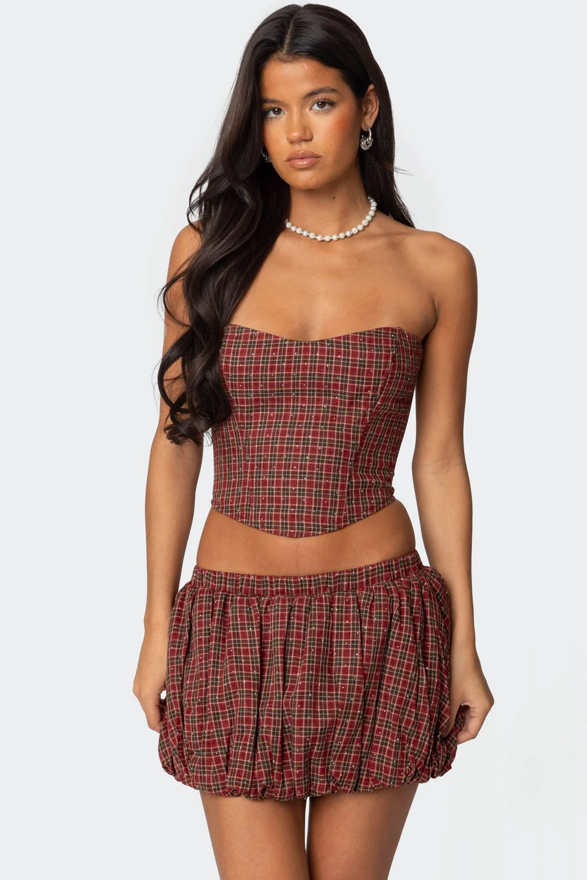 Red Plaid Lace-Up Corset for Women